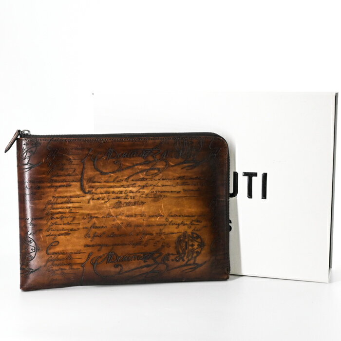 【美品】Berluti ベルルッティ カリグラフィ ニノ GM クラッチバッグ 鞄 ブラウン スクリットレザー