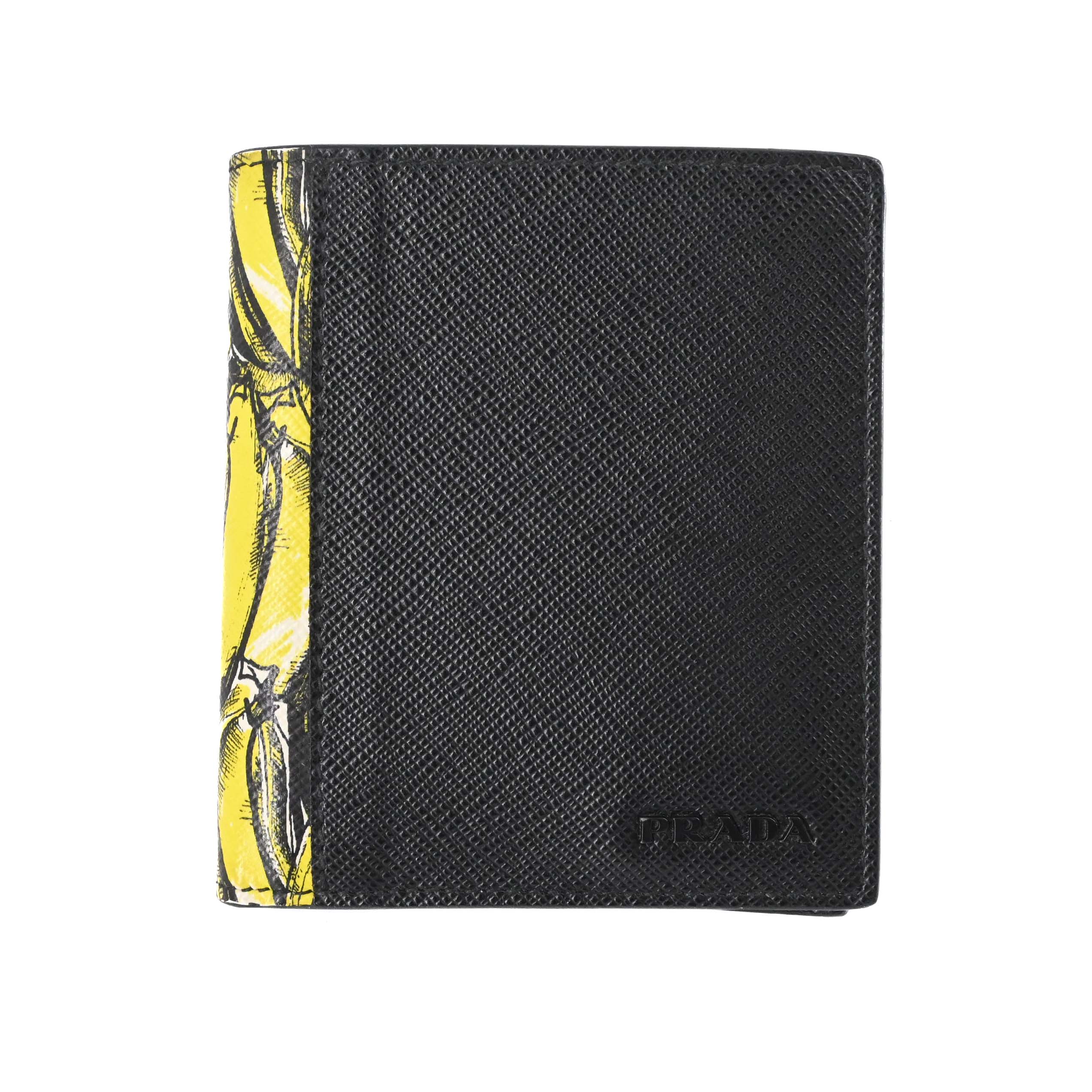 PRADA - 【お値引き】【美品】PRADA プラダ サフィアーノアクティブ バナナ トロピカル コンパクト 二つ折り財布 札入れ 黒 ブラック メンズ レディース 小銭入れ無し