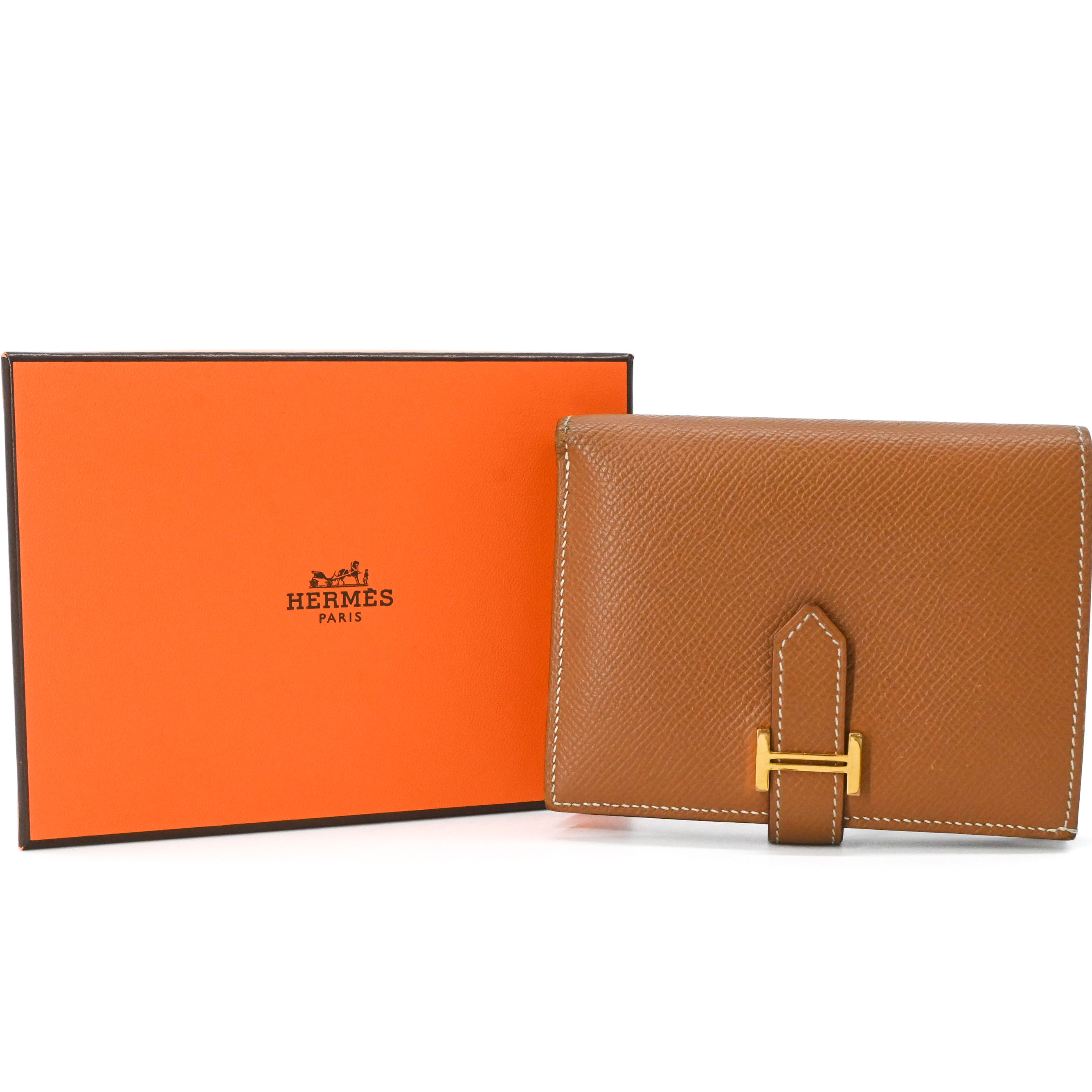 HERMES エルメス ベアン コンパクト ヴォーエプソン レザー 二つ折り 財布 ウォレット レディース ゴールド ブラウン 茶 #Z刻印