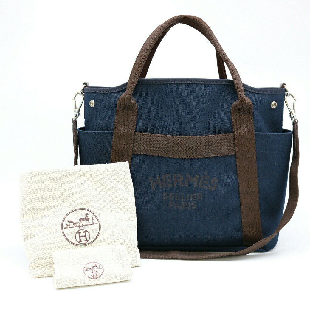 【お値引き】【美品】エルメス サックドパンサージュ グルーム ハンドバッグ 2WAY ショルダー 肩掛け トートキャンバス ネイビー オレンジ