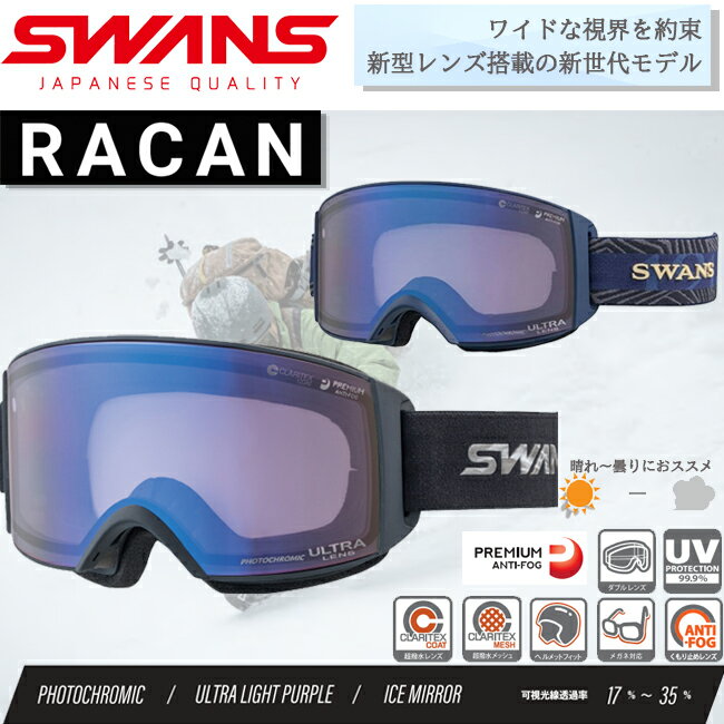 【150円OFFクーポン☆購入条件あり！5/9(木)9:00～5/31(金)23:59迄】スノーゴーグル スワンズ SWANS RACAN ラカン ULTRA調光レンズ メガネ対応 ダブルレンズ 超撥水メッシュ ヘルメット対応 UVカット【RACAN-MDH-CU-LP】