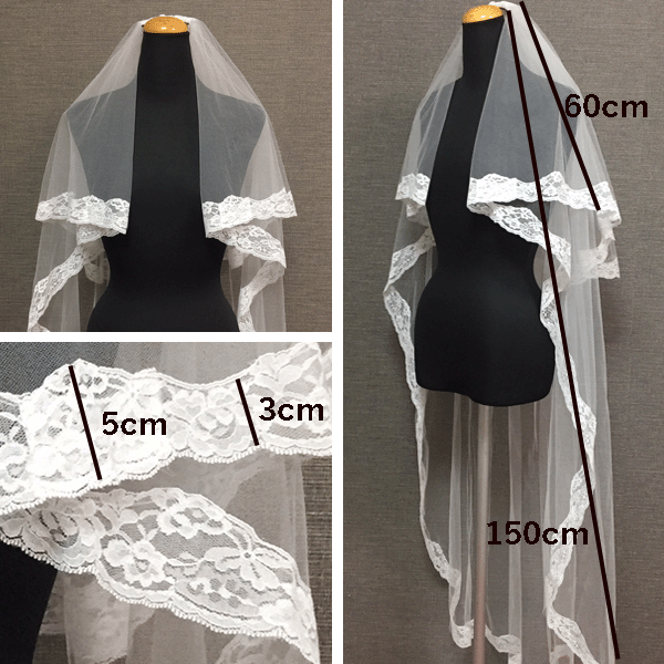 日本製 ウェディングベール ロング ヴェール Veil 2層 フェイスアップタイプ 60/150cm ベールアップ ロングベール 金属コーム付き 上品 レース 上質チュール ホワイト オフホワイト SV‐9601M SP