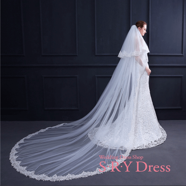 ウェディングベール ロング ヴェール Veil 横300×長300cm 2層 フェイスアップタイプ 60/300cm ベールアップ ロングベール 金属コーム付き 豪華レース 刺しゅう 柔らかい上質チュール ホワイト オフホワイト SV-3003B