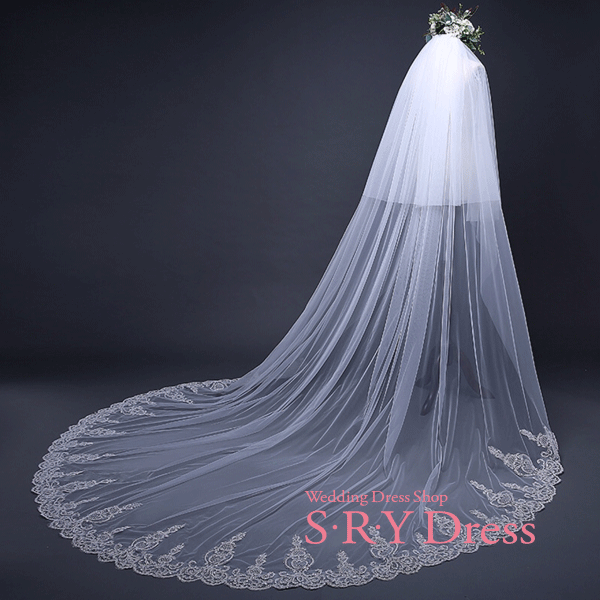 ウェディングベール ロング ヴェール Veil 横300×長300cm 2層 フェイスアップタイプ 60/300cm ベールアップ ロングベール 金属コーム付き 豪華レース 刺しゅう 柔らかい上質チュール ホワイト オフホワイト SV-3010J