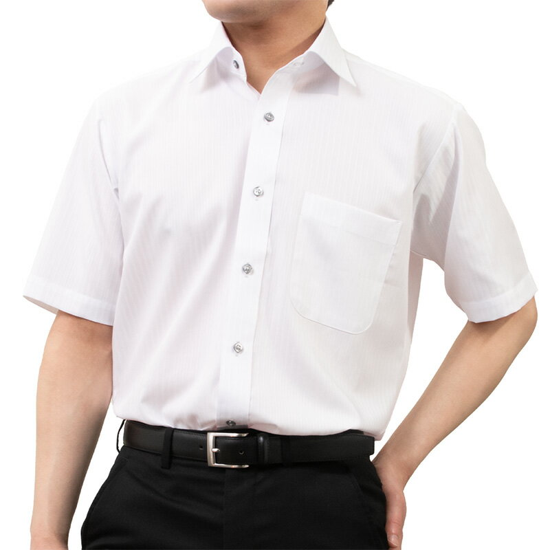 樂天商城 - ワイシャツ 半袖 メンズ セミワイドカラー ホワイトストライプ