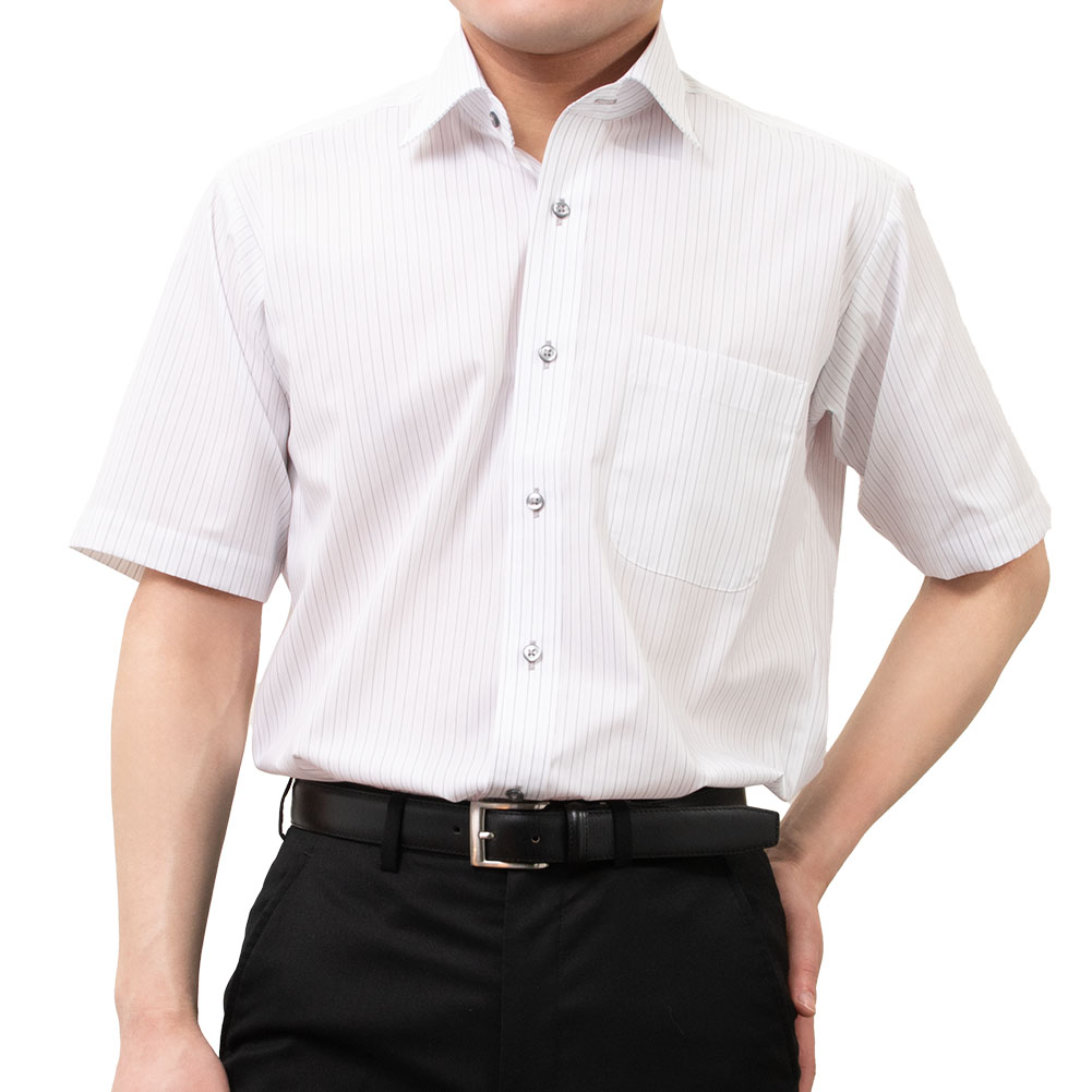 樂天商城 - ワイシャツ 半袖 メンズ セミワイドカラー 白地にブラックとグレーのストライプ