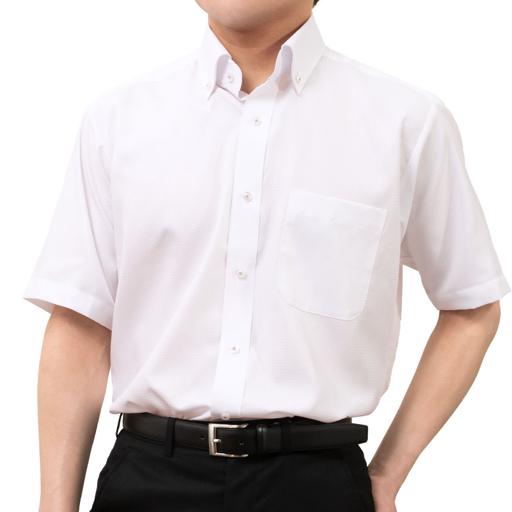 樂天商城 - ワイシャツ メンズ クールビズ 半袖 形態安定 接触冷感 ボタンダウン ホワイトストライプ 2605ft