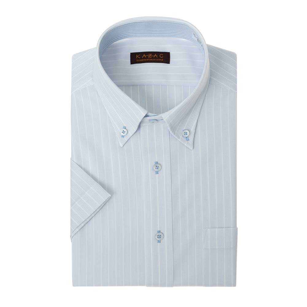 ニット ワイシャツ メンズ 半袖 ノーアイロン ノンアイロン ストレッチ ボタンダウン ブルー ストライプ TOP_KNIT 2510ft