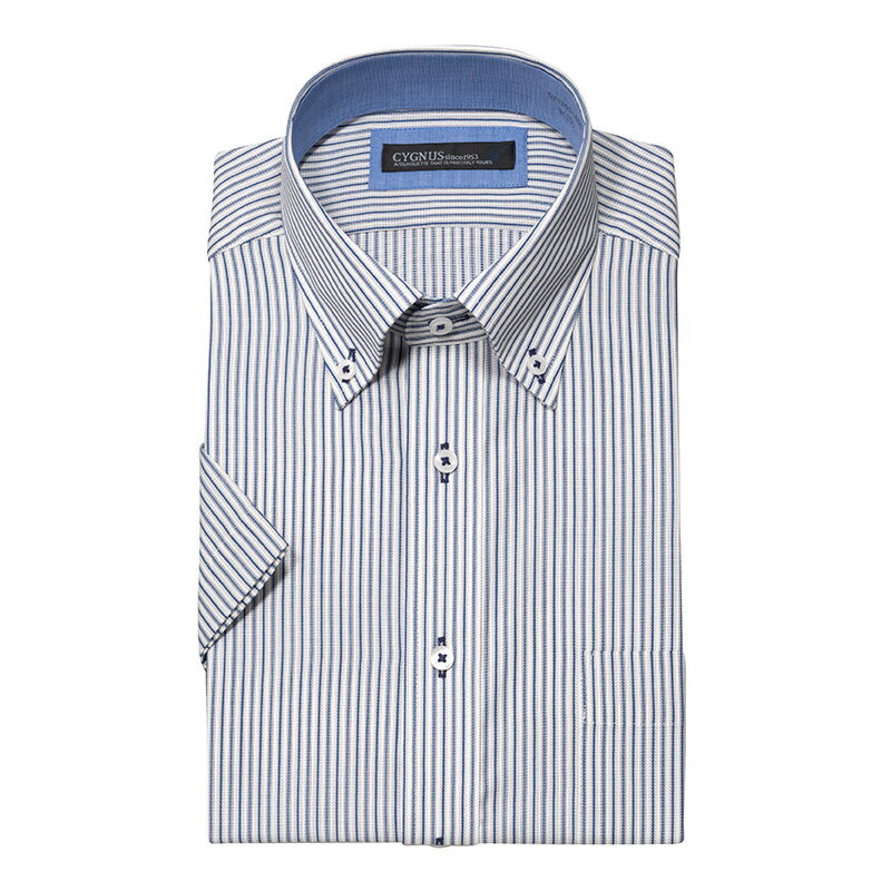 Button-Down - 半袖ワイシャツ ストライプ ブルー ノーアイロン 抗菌防臭 制菌 高通気性 CYGNUS 2605ft 2606SS 20par