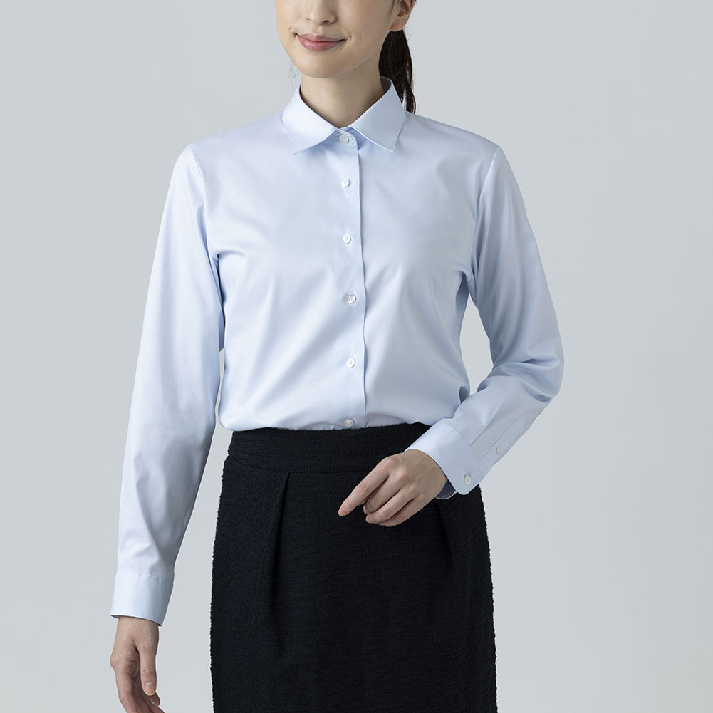 ブラウス レディース シャツ レギュラーカラー 形態安定 ストレッチ 透け防止 UVカット 女性 長袖 ブルー 水色 ビジネス オフィス 新生活 フォーマル 事務服 制服 OL 清潔感 きれいめ お仕事コーデ おしゃれ シンプル スリム 【review】 送料無料 TOP_OC