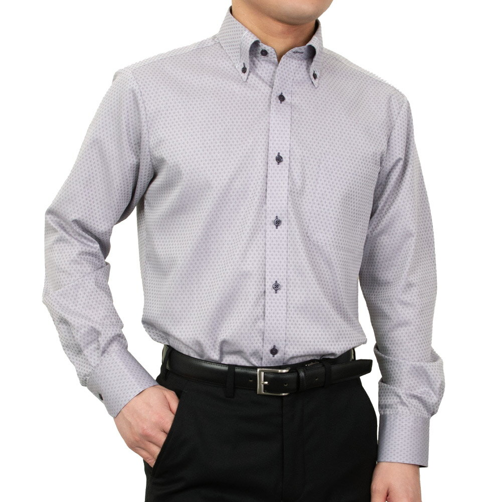 形態安定 ボタンダウン パープル バイピング 小紋柄 結婚式 舞台衣装 パーティ SWAN・ブラックレーベル