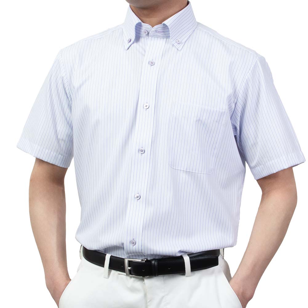 半袖ワイシャツ 形態安定 吸水速乾 パープル 紫 ストライプ ボタンダウン レギュラーフィット メンズ クールビズ オフィスカジュアル