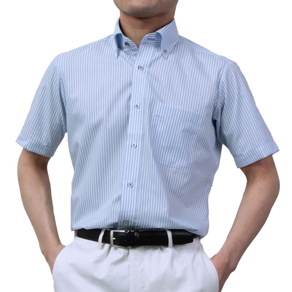 半袖ワイシャツ 形態安定 消臭 ブルー 青 ボタンダウン ストライプ スリムフィット 表前立て メンズ オフィスカジュアル ビジカジ