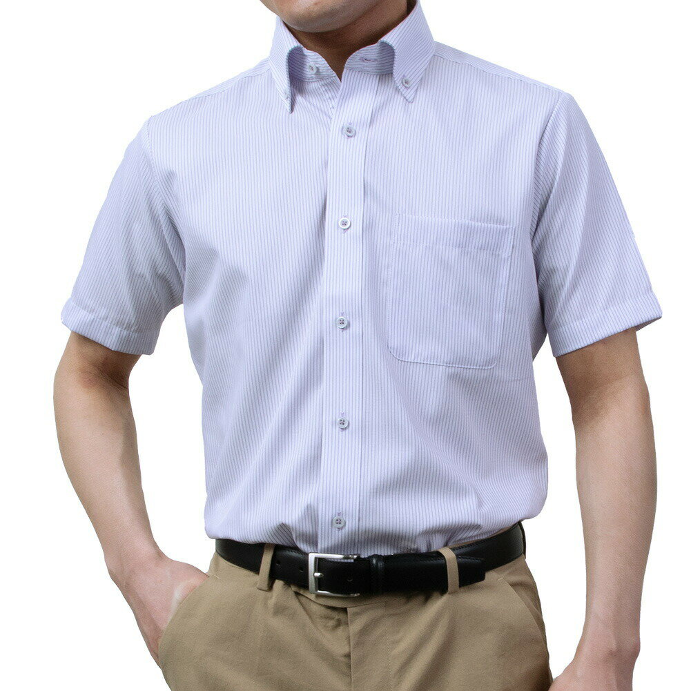 半袖ワイシャツ 形態安定 消臭 紫 パープル ボタンダウン ストライプ スリムフィット 表前立て メンズ オフィスカジュアル ビジカジ