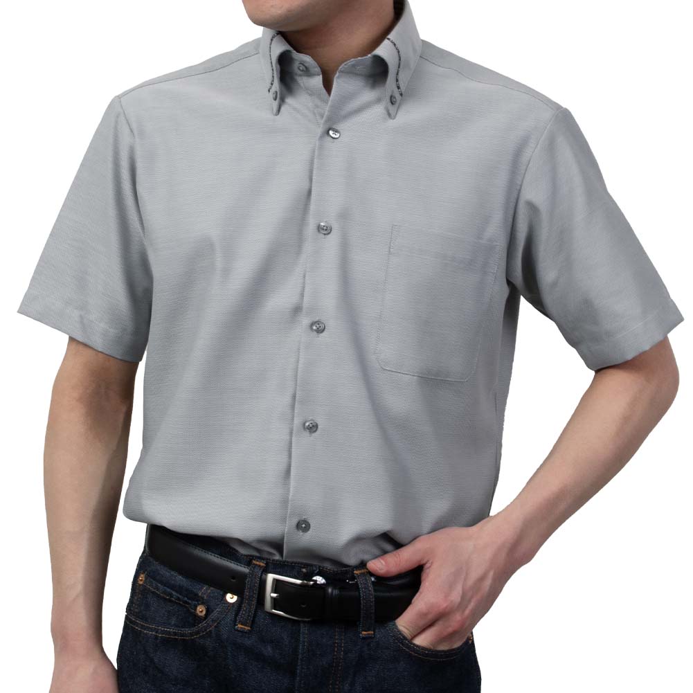 半袖ワイシャツ 形態安定 消臭 グレー パイピング ボタンダウン レギュラーフィット 裏前立て メンズ Yシャツ