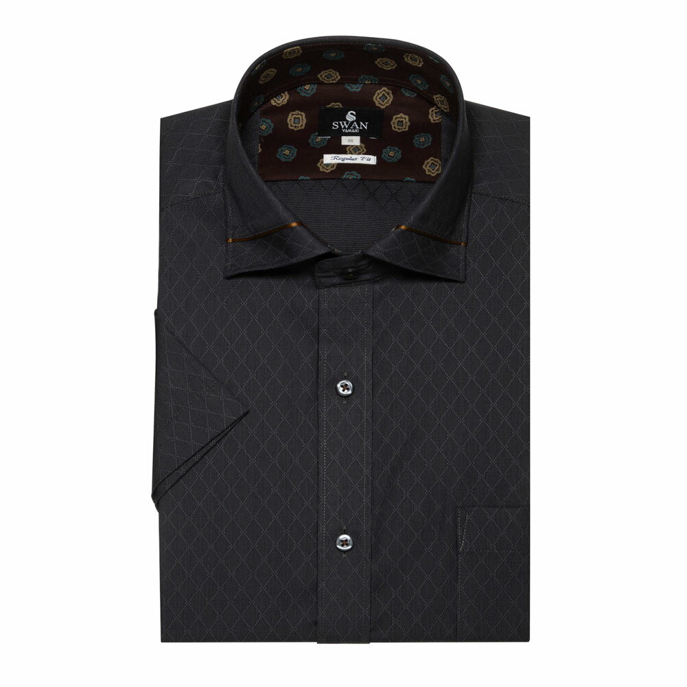 Wide Collar - ワイシャツ 形態安定 半袖シャツ 消臭ボタンダウン ブラック 黒 ワイド レギュラーフィット パーティー 半袖 メンズ Yシャツ