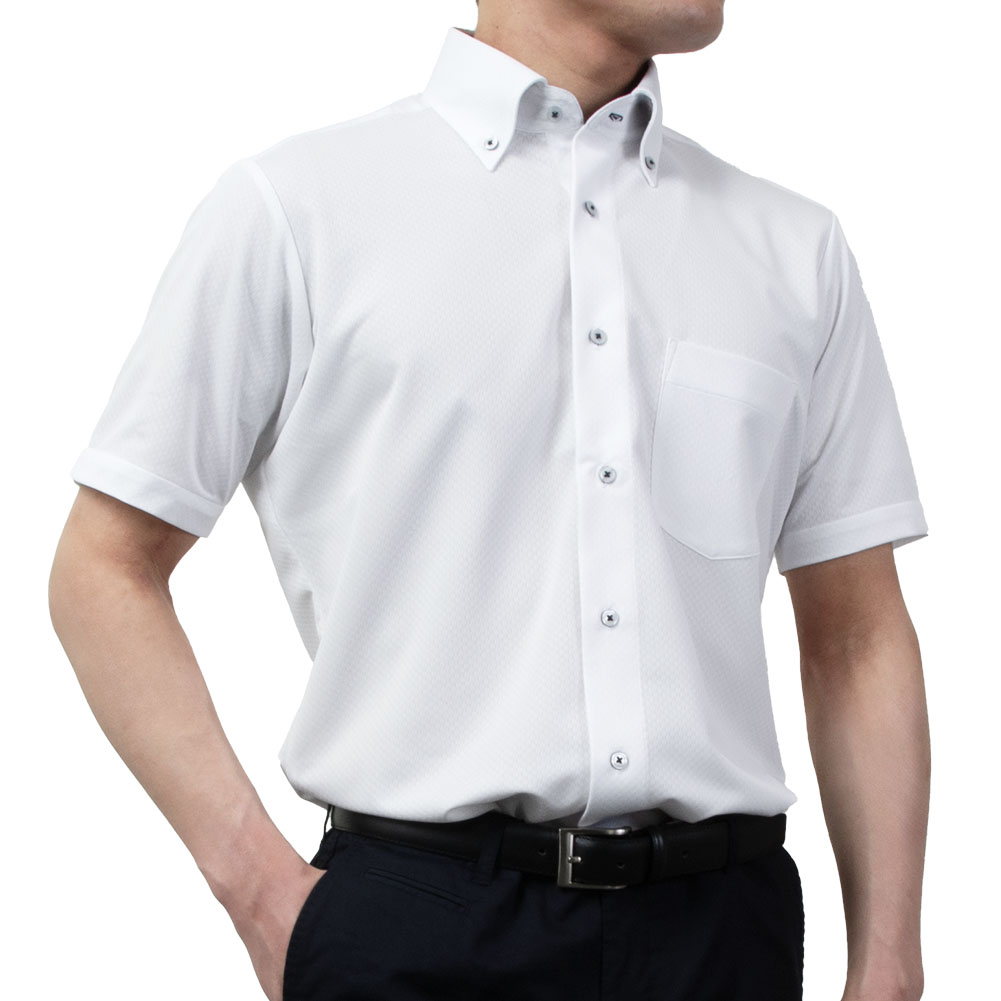 ワイシャツ ニット 半袖 ノーアイロン 消臭 吸水速乾 ストレッチ ホワイト 白 市松模様 ボタンダウン スリムフィット 半袖 メンズ Yシャツ ビジカジ クールビズ