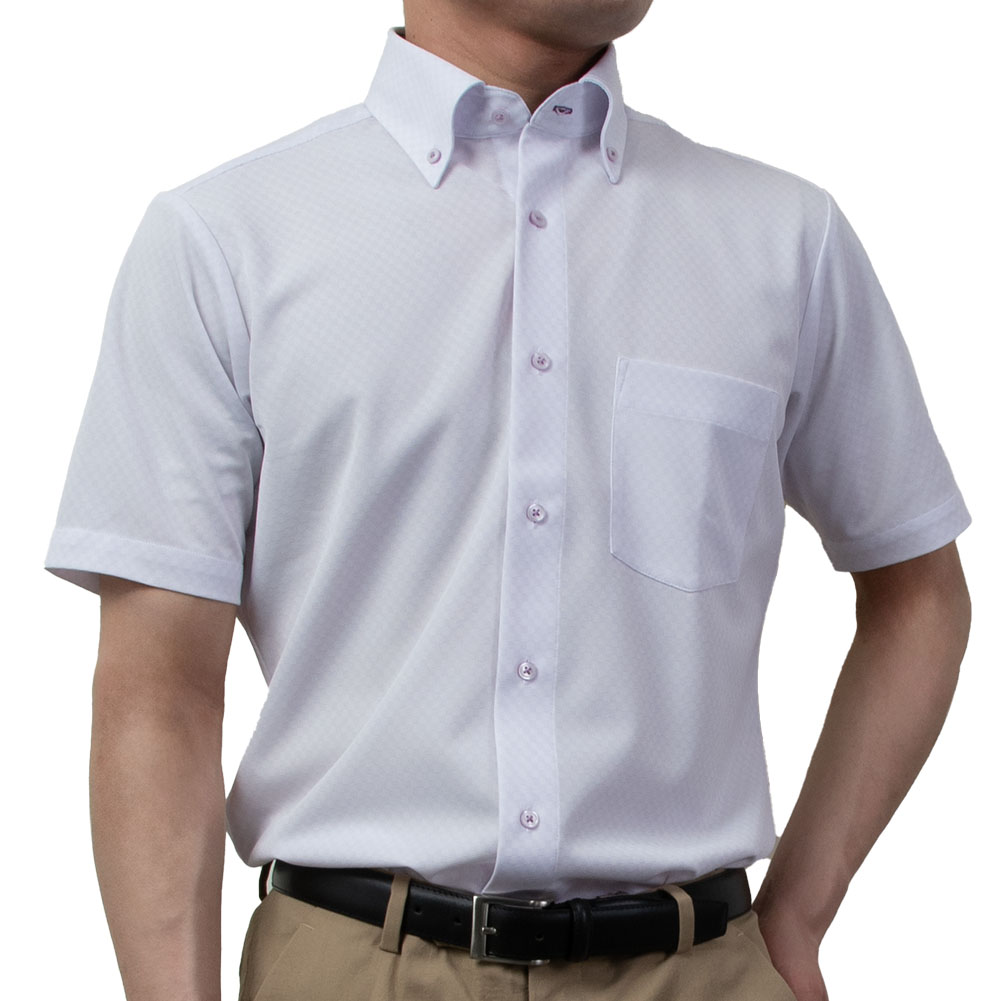 ワイシャツ ニット 半袖 ノーアイロン 消臭 吸水速乾 ストレッチ パープル 紫 ボタンダウン スリムフィット 半袖 メンズ Yシャツ ビジカジ クールビズ