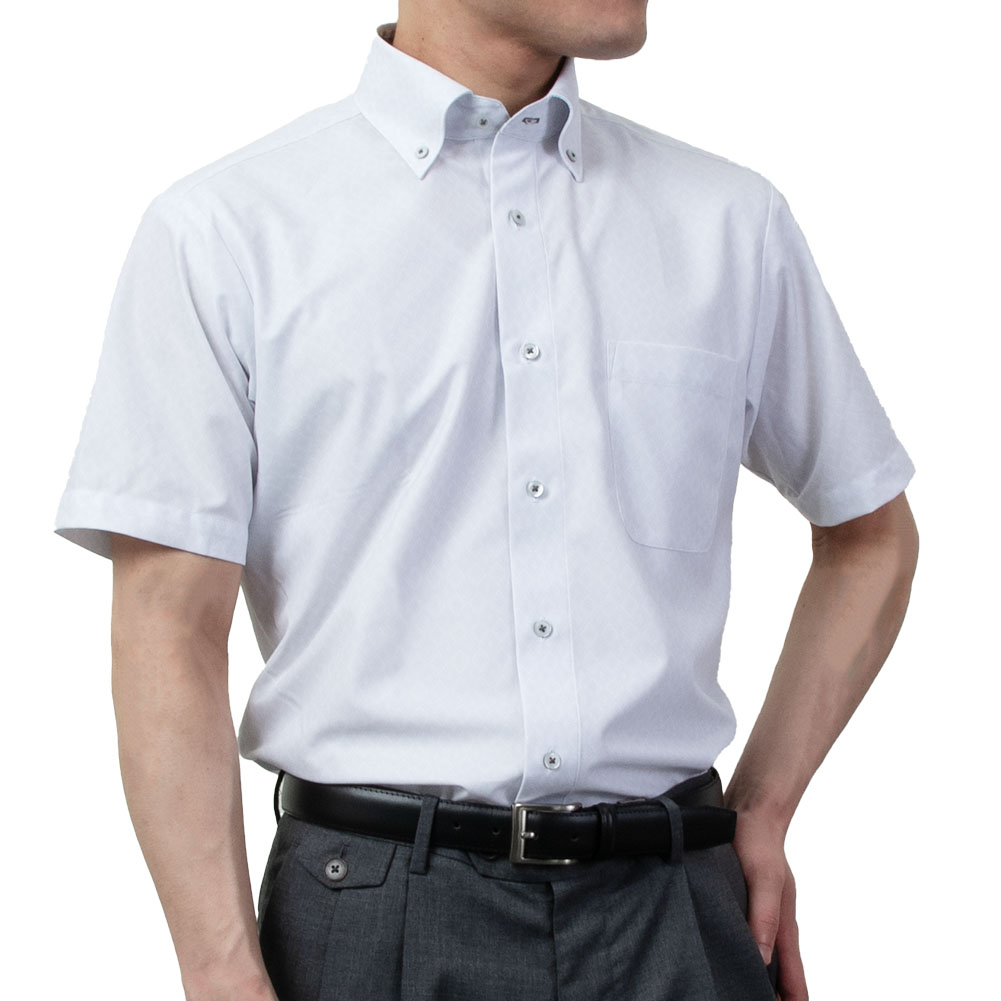 半袖ワイシャツ ニットシャツ ノーアイロン 消臭 吸汗速乾 ストレッチ ホワイト ボタンダウン レギュラーフィット メンズ