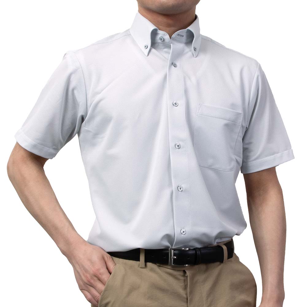 半袖ワイシャツ ノーアイロン ニットシャツ 消臭 吸汗速乾 ストレッチ ライトグレー ボタンダウン レギュラーフィット メンズ