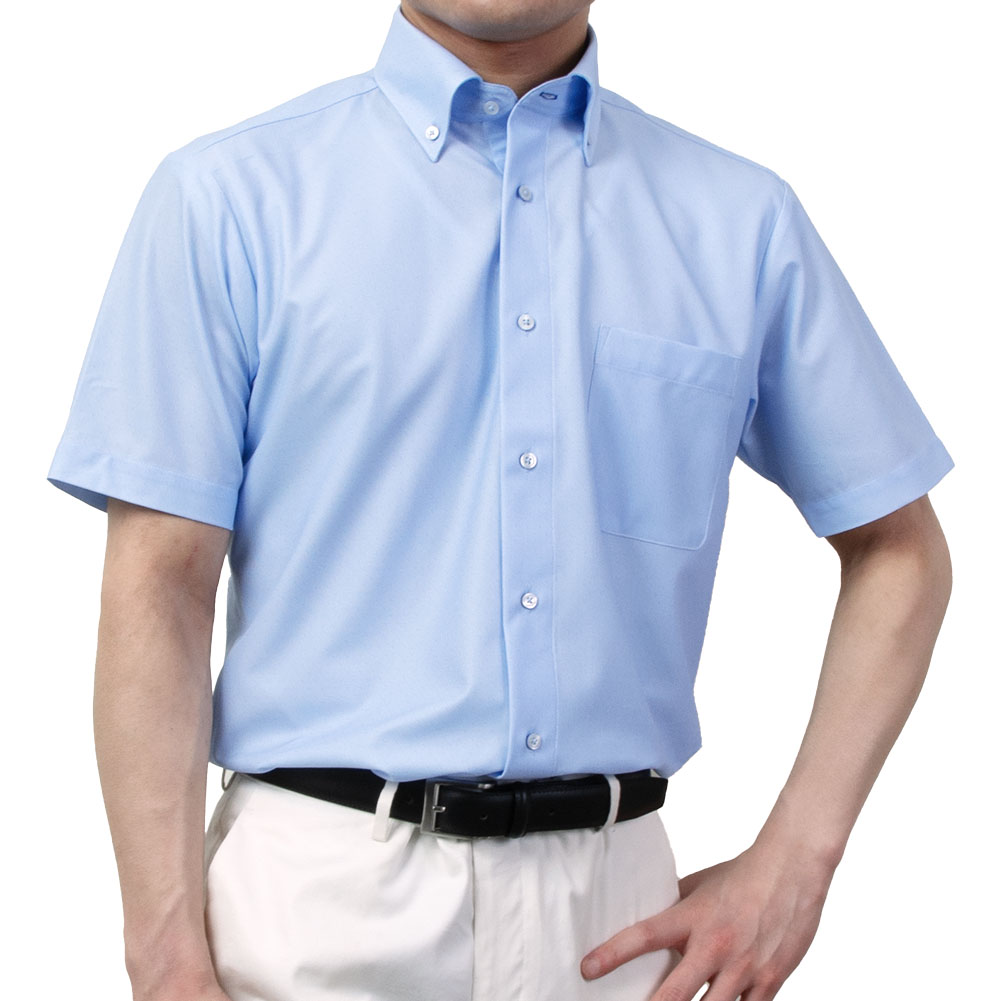 半袖ワイシャツ ニットシャツ ノーアイロン 消臭 吸汗速乾 ストレッチ ブルー ボタンダウン レギュラーフィット メンズ