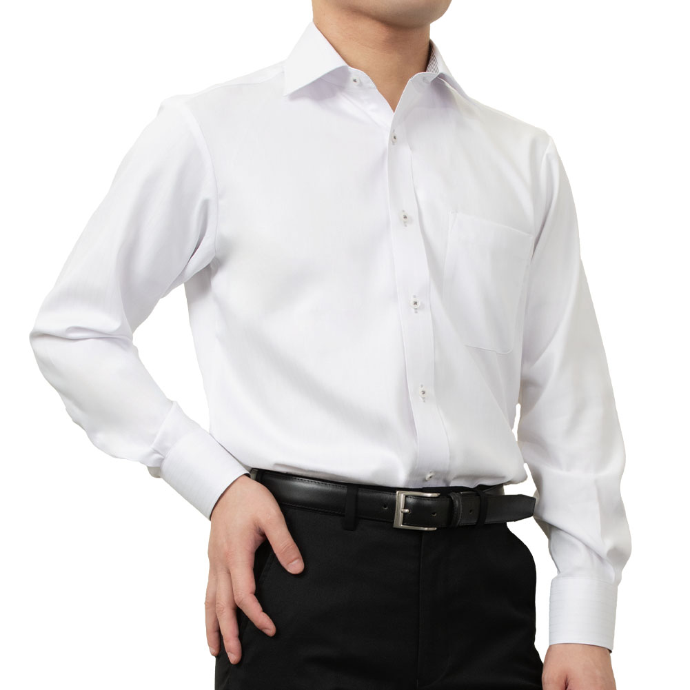 Wide Collar - 形態安定 メンズ 長袖 シャツ Yシャツ ワイドカラー レギュラーフィット ホワイト ドビー DF2604 SH26FA