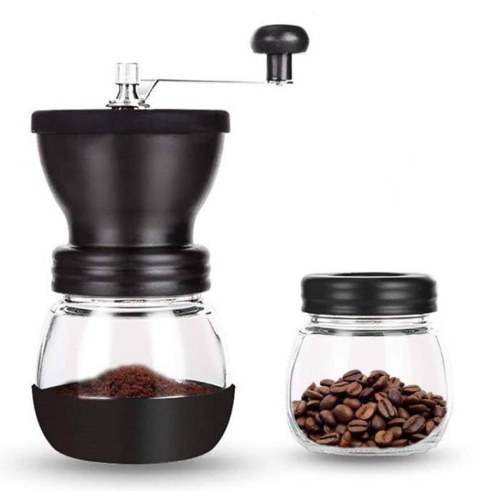 乐天商城 - 【48H限定200円クーポン】手挽きコーヒーミル コーヒー豆挽き器具 セラミックカッター搭載 ステンレスハンドル & ガラス受け容器 滑り止めカバー付き コーヒー缶一体型 手動式コーヒーグラインダー