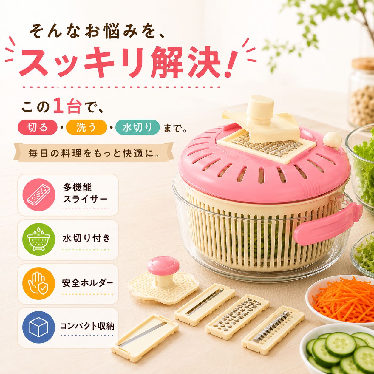 乐天商城 - 千切り 水切り器 スライサー 多機能 野菜 サラダ おろし器 水切りボウル 野菜水切り 手動 コンパクト 安全ホルダー付き 交換ブレード4種 ザル ボウル 一体型 時短調理 丸洗い キッチン用品