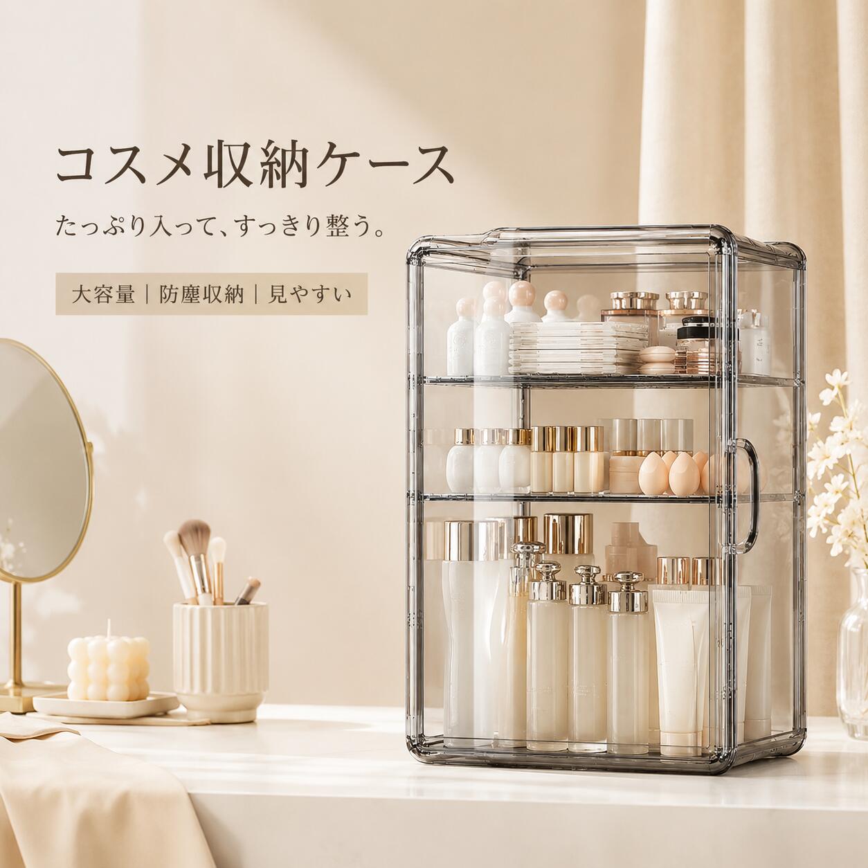 アクリル 化粧品収納ケース 防塵 卓上 透明 ドレッサー スキンケア 収納棚 大容量 コスメボックス ふた付き 小物収納 メイク道具 整頓 見せる収納 一段式…