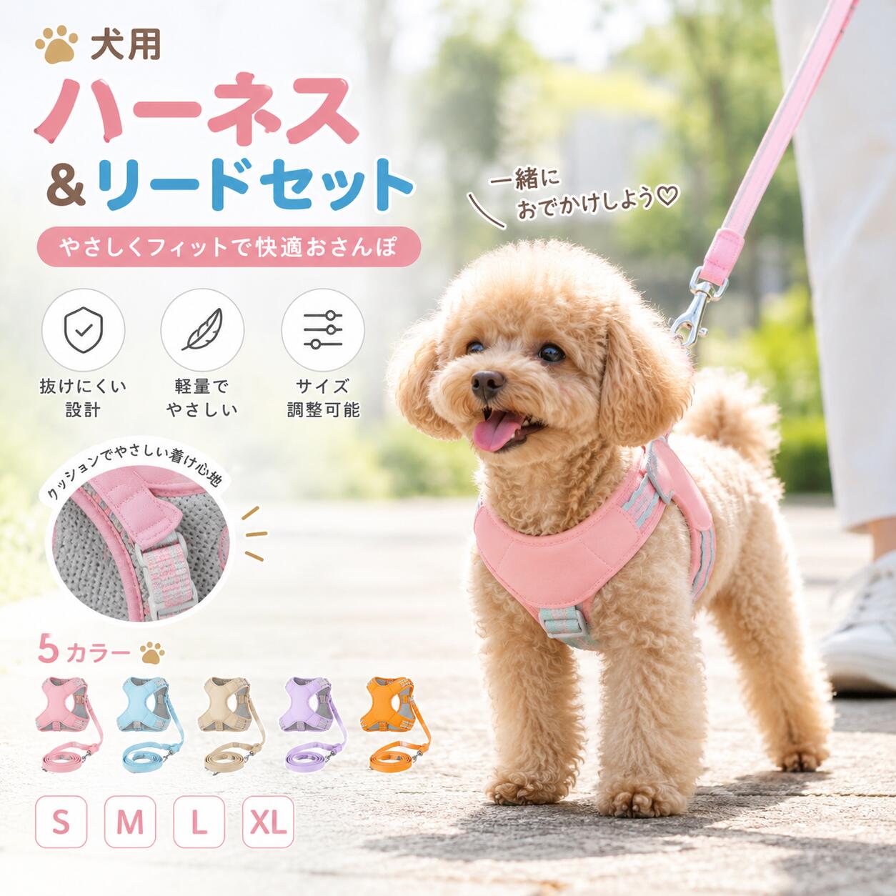 犬用ハーネス リードセット Y字型 胴輪 小型犬 中型犬 クッション付き やわらか素材 サイズ調整可能 お散歩用品 5カラー愛犬との毎日のお散歩をもっと快適に。首元にやさしくフィットしやすいY字型デザインを採用した、犬用ハーネス＆リードセットです。胸まわりを包み込むような形状で、首元だけに力が集中しにくい設計。内側にはやわらかなクッション素材を使用し、毎日のお散歩で使いやすい快適な着用感をサポートします。ハーネスとリードがセットになっているため、届いた日からすぐに使用可能。サイズ調整にも対応し、小型犬から中型犬まで幅広くお使いいただけます。かわいい5カラー展開で、愛犬の雰囲気や好みに合わせて選べるおしゃれなお散歩アイテムです。商品説明首元にやさしいY字型デザインY字型の形状で胸まわりに沿いやすく、首元だけに力が集中しにくい設計。毎日のお散歩を快適にサポートします。やわらかクッション仕様体に触れる部分にはクッション素材を採用。やわらかな肌触りで、愛犬にフィットしやすい仕様です。サイズ調整可能ベルト部分を調整できるため、愛犬の体型に合わせて装着しやすくなっています。ハーネス＆リードセットハーネスとリードがセットになっており、毎日の散歩やお出かけに便利です。製品仕様商品名：犬用Y字型ハーネス＆リードセット商品タイプ：犬用ハーネス／胴輪／リードセット対象：小型犬～中型犬カラー：ピンクパープルイエローベージュブルーサイズ：S：胸囲 約34～45cmM：胸囲 約40～50cmL：胸囲 約45～63cmXL：胸囲 約55～74cm仕様：Y字型デザインクッション仕様サイズ調整可能ハーネス＋リードセットセット内容：ハーネス本体リードおすすめポイントPOINT 1｜首元にやさしいY字型設計Y字型デザインにより胸まわりに沿いやすく、愛犬が快適に動きやすい形状を目指しました。POINT 2｜やわらかクッションパッド体に触れる部分にはクッション素材を使用。毎日のお散歩でも使いやすいやさしい着用感をサポートします。POINT 3｜体型に合わせてサイズ調整可能ベルト調整により愛犬の体型に合わせてフィット感を調整できます。POINT 4｜持ちやすいリード付きセットハーネスとリードがセットになっているため、別々に準備する手間がなく便利です。POINT 5｜選べる5カラーピンク、パープル、イエロー、ベージュ、ブルーの5色展開。愛犬に似合うカラーを選べます。検索キーワード犬 ハーネス 犬用胴輪 犬 リードセット 小型犬 ハーネス 中型犬 ハーネス 犬散歩用品 犬 胸輪 Y字ハーネス クッションハーネス 犬用品 おしゃれハーネス かわいい犬用品 散歩グッズ ペット用品注意事項サイズ選びの際は体重だけではなく、必ず愛犬の胸囲をご確認ください。体型や毛量によって装着感が異なる場合があります。使用前にバックルや縫製部分に異常がないか確認してください。強く噛む癖のある犬の場合は、破損状況を定期的に確認してください。散歩時は飼い主様の管理のもとご使用ください。商品のカラーは撮影環境やモニター設定により、実際の色味と異なって見える場合があります。サイズ表記は手作業による測定のため、多少の誤差が生じる場合があります。犬用ハーネス リードセット Y字型 胴輪 小型犬 中型犬 クッション付き やわらか素材 サイズ調整可能 お散歩用品 5カラー愛犬との毎日のお散歩をもっと快適に。首元にやさしくフィットしやすいY字型デザインを採用した、犬用ハーネス＆リードセットです。胸まわりを包み込むような形状で、首元だけに力が集中しにくい設計。内側にはやわらかなクッション素材を使用し、毎日のお散歩で使いやすい快適な着用感をサポートします。ハーネスとリードがセットになっているため、届いた日からすぐに使用可能。サイズ調整にも対応し、小型犬から中型犬まで幅広くお使いいただけます。かわいい5カラー展開で、愛犬の雰囲気や好みに合わせて選べるおしゃれなお散歩アイテムです。商品説明首元にやさしいY字型デザインY字型の形状で胸まわりに沿いやすく、首元だけに力が集中しにくい設計。毎日のお散歩を快適にサポートします。やわらかクッション仕様体に触れる部分にはクッション素材を採用。やわらかな肌触りで、愛犬にフィットしやすい仕様です。サイズ調整可能ベルト部分を調整できるため、愛犬の体型に合わせて装着しやすくなっています。ハーネス＆リードセットハーネスとリードがセットになっており、毎日の散歩やお出かけに便利です。製品仕様商品名：犬用Y字型ハーネス＆リードセット商品タイプ：犬用ハーネス／胴輪／リードセット対象：小型犬～中型犬カラー：ピンクパープルイエローベージュブルーサイズ：S：胸囲 約34～45cmM：胸囲 約40～50cmL：胸囲 約45～63cmXL：胸囲 約55～74cm仕様：Y字型デザインクッション仕様サイズ調整可能ハーネス＋リードセットセット内容：ハーネス本体リードおすすめポイントPOINT 1｜首元にやさしいY字型設計Y字型デザインにより胸まわりに沿いやすく、愛犬が快適に動きやすい形状を目指しました。POINT 2｜やわらかクッションパッド体に触れる部分にはクッション素材を使用。毎日のお散歩でも使いやすいやさしい着用感をサポートします。POINT 3｜体型に合わせてサイズ調整可能ベルト調整により愛犬の体型に合わせてフィット感を調整できます。POINT 4｜持ちやすいリード付きセットハーネスとリードがセットになっているため、別々に準備する手間がなく便利です。POINT 5｜選べる5カラーピンク、パープル、イエロー、ベージュ、ブルーの5色展開。愛犬に似合うカラーを選べます。検索キーワード犬 ハーネス 犬用胴輪 犬 リードセット 小型犬 ハーネス 中型犬 ハーネス 犬散歩用品 犬 胸輪 Y字ハーネス クッションハーネス 犬用品 おしゃれハーネス かわいい犬用品 散歩グッズ ペット用品注意事項サイズ選びの際は体重だけではなく、必ず愛犬の胸囲をご確認ください。体型や毛量によって装着感が異なる場合があります。使用前にバックルや縫製部分に異常がないか確認してください。強く噛む癖のある犬の場合は、破損状況を定期的に確認してください。散歩時は飼い主様の管理のもとご使用ください。商品のカラーは撮影環境やモニター設定により、実際の色味と異なって見える場合があります。サイズ表記は手作業による測定のため、多少の誤差が生じる場合があります。