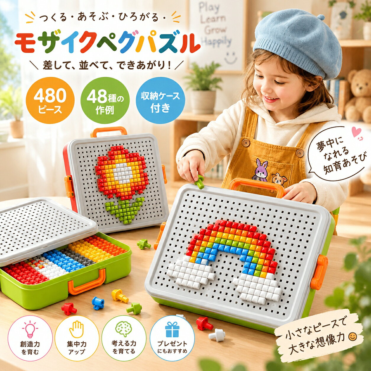 モザイクペグパズル 差して、並べて、できあがり！ カラフルなペグをボードに差し込み、 お手本を見ながらいろいろな絵をつくって楽しめるモザイクパズル。 慣れてきたら、自由なアイデアでオリジナル作品づくりも楽しめます。 480 ピース 48種類 作例付き 収納ケース 付き 遊び方はかんたん 4 STEP 01 好きな図案を選ぶ 48種類の作例から、つくりたいデザインを選びます。 02 ペグを穴に差し込む 色と位置を確認しながら、ペグをひとつずつ差し込みます。 03 お手本を見ながら完成 少しずつ絵ができていく楽しさを味わえます。 04 自由につくってみよう 慣れてきたら、お手本にないオリジナル作品にもチャレンジ。 お手本だけじゃない、自由な作品づくりも 見本どおりにつくるだけでなく、好きな色を選び、好きな場所に並べて自由に遊べます。 完成したらペグを外して、また新しい作品へ。 つくって、くずして、またつくる。 その日の気分に合わせて、何度でも作品づくりを楽しめます。 カラフルな8色ペグ 赤オレンジ黄緑青白グレー黒など、 カラフルなペグを組み合わせて、いろいろな作品をつくれます。 つまむ差し込む並べる 小さなペグを指先でつまみ、穴の位置を確認しながらひとつずつセット。 じっくり楽しみたいおうち遊びにもおすすめです。 今日はどれをつくる？ 選べる48種類 はじめはお手本を見ながら。 慣れてきたら色を変えたり、形をアレンジしたりして楽しめます。 どうぶつ乗りもの食べもの身近なモチーフ 虹ロケット花アヒル家うさぎりんごきのこ乗りものなど、 子どもが親しみやすいさまざまなモチーフを収録しています。 遊んだあとは、すっきり収納 ペグや作例カードなど、遊びに使うものをケースの中にまとめて収納。 パーツが散らばりにくく、お片付けもスムーズです。 持ち手付きなので、お部屋からリビングへの移動はもちろん、 帰省や旅行などへの持ち運びにも便利です。 おうち遊びに 雨の日や休日の 室内遊びに 帰省旅行に お出かけ先での 遊びにも ピクニックに 外でゆっくり 過ごしたい日に 親子時間に 一緒に作品づくりを 楽しんで おすすめポイント &nbsp;たっぷり遊べる480ピース &nbsp;はじめてでも遊びやすい48種類の作例付き &nbsp;お手本を見ながらでも、自由につくってもOK &nbsp;カラフルな8色のペグ &nbsp;差す外す並べるをくり返して遊べる &nbsp;ケースにまとめて収納できる &nbsp;持ち手付きで持ち運びやすい &nbsp;レッドグリーンの2カラー 商品仕様 商品名モザイクペグパズル カラーレッド／グリーン 対象年齢3歳以上 本体サイズ約22×18×4.3cm ペグサイズ約1.1×0.6cm ペグ数480ピース 作例48種類 セット内容本体、カラーペグ、作例カード、収納ケース 材質プラスチックモザイクペグパズル 差して、並べて、できあがり！ カラフルなペグをボードに差し込み、 お手本を見ながらいろいろな絵をつくって楽しめるモザイクパズル。 慣れてきたら、自由なアイデアでオリジナル作品づくりも楽しめます。 480 ピース 48種類 作例付き 収納ケース 付き 遊び方はかんたん 4 STEP 01 好きな図案を選ぶ 48種類の作例から、つくりたいデザインを選びます。 02 ペグを穴に差し込む 色と位置を確認しながら、ペグをひとつずつ差し込みます。 03 お手本を見ながら完成 少しずつ絵ができていく楽しさを味わえます。 04 自由につくってみよう 慣れてきたら、お手本にないオリジナル作品にもチャレンジ。 お手本だけじゃない、自由な作品づくりも 見本どおりにつくるだけでなく、好きな色を選び、好きな場所に並べて自由に遊べます。 完成したらペグを外して、また新しい作品へ。 つくって、くずして、またつくる。 その日の気分に合わせて、何度でも作品づくりを楽しめます。 カラフルな8色ペグ 赤オレンジ黄緑青白グレー黒など、 カラフルなペグを組み合わせて、いろいろな作品をつくれます。 つまむ差し込む並べる 小さなペグを指先でつまみ、穴の位置を確認しながらひとつずつセット。 じっくり楽しみたいおうち遊びにもおすすめです。 今日はどれをつくる？ 選べる48種類 はじめはお手本を見ながら。 慣れてきたら色を変えたり、形をアレンジしたりして楽しめます。 どうぶつ乗りもの食べもの身近なモチーフ 虹ロケット花アヒル家うさぎりんごきのこ乗りものなど、 子どもが親しみやすいさまざまなモチーフを収録しています。 遊んだあとは、すっきり収納 ペグや作例カードなど、遊びに使うものをケースの中にまとめて収納。 パーツが散らばりにくく、お片付けもスムーズです。 持ち手付きなので、お部屋からリビングへの移動はもちろん、 帰省や旅行などへの持ち運びにも便利です。 おうち遊びに 雨の日や休日の 室内遊びに 帰省旅行に お出かけ先での 遊びにも ピクニックに 外でゆっくり 過ごしたい日に 親子時間に 一緒に作品づくりを 楽しんで おすすめポイント &nbsp;たっぷり遊べる480ピース &nbsp;はじめてでも遊びやすい48種類の作例付き &nbsp;お手本を見ながらでも、自由につくってもOK &nbsp;カラフルな8色のペグ &nbsp;差す外す並べるをくり返して遊べる &nbsp;ケースにまとめて収納できる &nbsp;持ち手付きで持ち運びやすい &nbsp;レッドグリーンの2カラー 商品仕様 商品名モザイクペグパズル カラーレッド／グリーン 対象年齢3歳以上 本体サイズ約22×18×4.3cm ペグサイズ約1.1×0.6cm ペグ数480ピース 作例48種類 セット内容本体、カラーペグ、作例カード、収納ケース 材質プラスチック