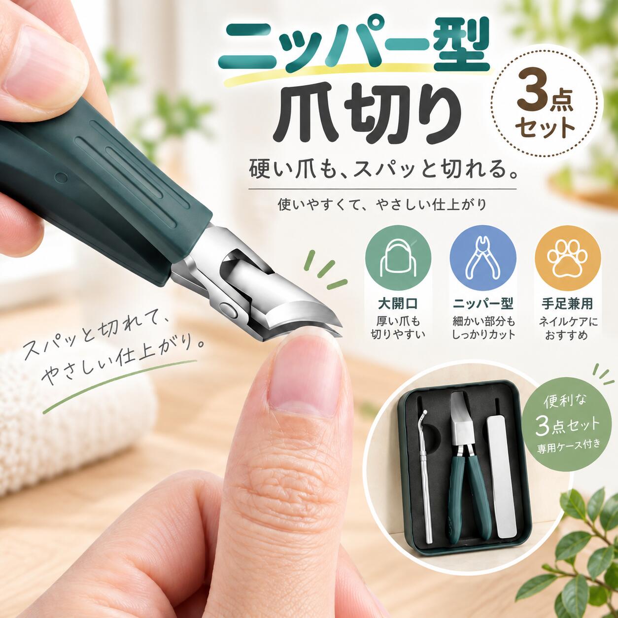 【48H限定200円クーポン】ニッパー型爪切り 3点セット 巻き爪ケア 足用 手足兼用 ...