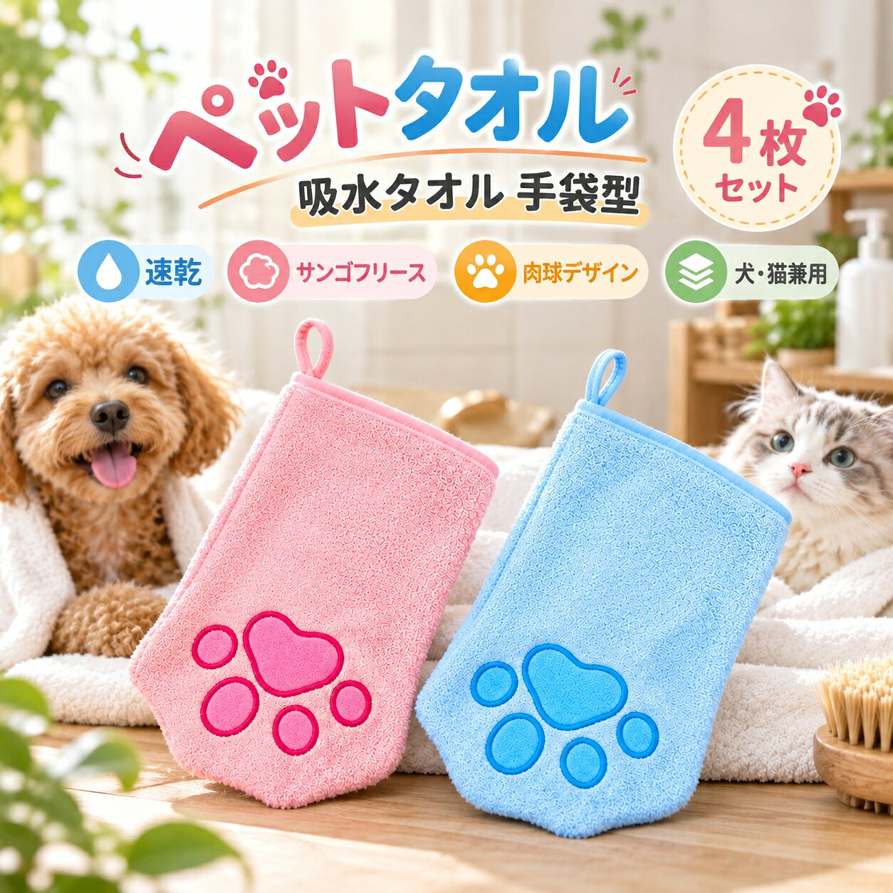 【48H限定200円クーポン】ペットタオル 犬 猫 手袋型 吸水タオル 4枚セット サンゴフリース ペット用タオル 速乾 吸水 グローブ型 足拭き 体拭き 顔まわりケア シャンプー後 お散歩後 犬用品 猫用品 ピンク ブルー