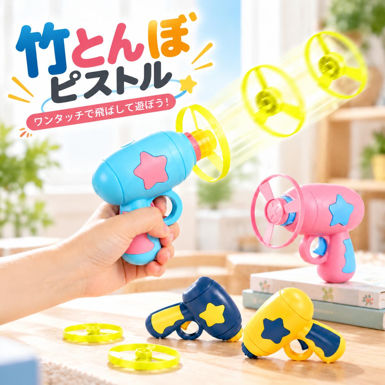 カラフル竹とんぼ フライングディスクガン ワンタッチ発射 3方向発射 子供向けおもちゃ 3歳以上ワンタッチ操作でフライングディスクを発射して遊べる、カラフルな竹とんぼタイプのおもちゃです。ディスクを本体にセットして発射するだけのシンプルな操作で、小さなお子様でも遊び方を覚えやすい仕様です。発射方向は斜め上方向、水平、斜め下方向の3通りに対応しており、向きを変えながら飛び方の違いを楽しめます。ディスクはカラフルなデザインで、発射時には光るタイプになっています。明るい場所だけでなく、夜間や暗めの場所での遊びにも取り入れやすく、視覚的にも楽しめます。本体は丸みのあるデザインで、子供が手に持って遊びやすい形状です。カラフルで楽しいデザインなので、自宅での遊び時間はもちろん、屋外での遊びや家族、友達との遊びにもおすすめです。ピンク、ブルー、イエロー、ダークブルーの4カラーから選べるため、お好みのカラーに合わせてお選びいただけます。対象年齢は3歳以上です。遊ぶ際は周囲に人や壊れやすい物がないことを確認し、商品の使用方法を守って安全にお楽しみください。製品仕様商品名：カラフル竹とんぼ種類：4色から選べる対象年齢：3歳以上素材：プラスチック、電子部品サイズ：本体 約10.5cm×11cmフライングディスク 約7.5cmカラー：ピンクブルーイエローダークブルー仕様：ワンタッチ発射3方向発射カラフルライト付きフライングディスク商品のおすすめポイントPOINT1｜ワンタッチで簡単に発射ディスクを本体にセットしてトリガーを引くシンプルな操作で、フライングディスクを発射して遊べます。複雑な操作を必要としにくく、遊び方を覚えやすい設計です。POINT2｜3方向に発射できる発射方向は斜め上方向、水平、斜め下方向の3通り。向きを変えることで異なる飛び方を楽しめるため、遊び方に変化をつけられます。POINT3｜カラフルに光るディスク付属のフライングディスクはカラフルなデザインで、発射時に光る仕様です。ディスクの動きを目で追いながら楽しめるおもちゃです。POINT4｜子供が持ちやすいデザイン本体は手で持って遊びやすいサイズ感と丸みのあるデザインを採用しています。遊ぶ際には本体をしっかり持って操作してください。POINT5｜室内でも屋外でも楽しめる自宅での遊び時間だけでなく、広い場所での外遊びにも使用できます。周囲のスペースを確認しながら、遊ぶ場所に合わせて楽しめます。POINT6｜4カラーから選べるピンク、ブルー、イエロー、ダークブルーの4カラーを用意しています。お子様の好みやプレゼントする相手に合わせて選びやすいカラーバリエーションです。POINT7｜家族や友達との遊びにもフライングディスクを飛ばして遊ぶシンプルな内容なので、一人遊びだけでなく、家族や友達と一緒に飛び方を楽しむ遊びにも取り入れられます。検索キーワード竹とんぼ おもちゃ フライングディスク フライングディスクガン 子供 おもちゃ キッズ 玩具 3歳以上 ワンタッチ 発射 3方向 発射 ライト付き 室内遊び 外遊び 家族遊び 知育玩具 プレゼント注意事項対象年齢は3歳以上です。対象年齢未満のお子様には使用させないでください。また、小さな部品が含まれるため、お子様が部品を口に入れたり、誤って飲み込んだりしないよう、保護者の方が十分にご注意ください。フライングディスクを発射する際は、人の顔や身体、動物などに向けて発射しないでください。目や身体に当たるとけがにつながる場合があります。必ず周囲の安全を確認してから使用してください。ガラス製品や家具、家電製品など、壊れやすい物の近くでは使用しないでください。特に屋内で使用する場合は、十分なスペースを確保してください。本製品はおもちゃとして設計されています。実際の竹とんぼやスポーツ用品などとは異なるため、用途以外の使用はお控えください。本体には電子部品が使用されています。水濡れや大量の水がかかる場所での使用、分解や改造は避けてください。故障や思わぬ事故につながる場合があります。商品サイズは測定方法や製造工程により、多少の誤差が生じる場合があります。記載サイズは目安としてご確認ください。プラスチック製品のため、強い衝撃や無理な力を加えると破損する場合があります。落下や強い衝撃を与えないようご注意ください。商品画像は撮影環境やモニター設定などにより、実際の商品と色味が異なって見える場合があります。また、製造時期により色合いや細部の仕様が多少異なる場合があります。カラフル竹とんぼ フライングディスクガン ワンタッチ発射 3方向発射 子供向けおもちゃ 3歳以上ワンタッチ操作でフライングディスクを発射して遊べる、カラフルな竹とんぼタイプのおもちゃです。ディスクを本体にセットして発射するだけのシンプルな操作で、小さなお子様でも遊び方を覚えやすい仕様です。発射方向は斜め上方向、水平、斜め下方向の3通りに対応しており、向きを変えながら飛び方の違いを楽しめます。ディスクはカラフルなデザインで、発射時には光るタイプになっています。明るい場所だけでなく、夜間や暗めの場所での遊びにも取り入れやすく、視覚的にも楽しめます。本体は丸みのあるデザインで、子供が手に持って遊びやすい形状です。カラフルで楽しいデザインなので、自宅での遊び時間はもちろん、屋外での遊びや家族、友達との遊びにもおすすめです。ピンク、ブルー、イエロー、ダークブルーの4カラーから選べるため、お好みのカラーに合わせてお選びいただけます。対象年齢は3歳以上です。遊ぶ際は周囲に人や壊れやすい物がないことを確認し、商品の使用方法を守って安全にお楽しみください。製品仕様商品名：カラフル竹とんぼ種類：4色から選べる対象年齢：3歳以上素材：プラスチック、電子部品サイズ：本体 約10.5cm×11cmフライングディスク 約7.5cmカラー：ピンクブルーイエローダークブルー仕様：ワンタッチ発射3方向発射カラフルライト付きフライングディスク商品のおすすめポイントPOINT1｜ワンタッチで簡単に発射ディスクを本体にセットしてトリガーを引くシンプルな操作で、フライングディスクを発射して遊べます。複雑な操作を必要としにくく、遊び方を覚えやすい設計です。POINT2｜3方向に発射できる発射方向は斜め上方向、水平、斜め下方向の3通り。向きを変えることで異なる飛び方を楽しめるため、遊び方に変化をつけられます。POINT3｜カラフルに光るディスク付属のフライングディスクはカラフルなデザインで、発射時に光る仕様です。ディスクの動きを目で追いながら楽しめるおもちゃです。POINT4｜子供が持ちやすいデザイン本体は手で持って遊びやすいサイズ感と丸みのあるデザインを採用しています。遊ぶ際には本体をしっかり持って操作してください。POINT5｜室内でも屋外でも楽しめる自宅での遊び時間だけでなく、広い場所での外遊びにも使用できます。周囲のスペースを確認しながら、遊ぶ場所に合わせて楽しめます。POINT6｜4カラーから選べるピンク、ブルー、イエロー、ダークブルーの4カラーを用意しています。お子様の好みやプレゼントする相手に合わせて選びやすいカラーバリエーションです。POINT7｜家族や友達との遊びにもフライングディスクを飛ばして遊ぶシンプルな内容なので、一人遊びだけでなく、家族や友達と一緒に飛び方を楽しむ遊びにも取り入れられます。検索キーワード竹とんぼ おもちゃ フライングディスク フライングディスクガン 子供 おもちゃ キッズ 玩具 3歳以上 ワンタッチ 発射 3方向 発射 ライト付き 室内遊び 外遊び 家族遊び 知育玩具 プレゼント注意事項対象年齢は3歳以上です。対象年齢未満のお子様には使用させないでください。また、小さな部品が含まれるため、お子様が部品を口に入れたり、誤って飲み込んだりしないよう、保護者の方が十分にご注意ください。フライングディスクを発射する際は、人の顔や身体、動物などに向けて発射しないでください。目や身体に当たるとけがにつながる場合があります。必ず周囲の安全を確認してから使用してください。ガラス製品や家具、家電製品など、壊れやすい物の近くでは使用しないでください。特に屋内で使用する場合は、十分なスペースを確保してください。本製品はおもちゃとして設計されています。実際の竹とんぼやスポーツ用品などとは異なるため、用途以外の使用はお控えください。本体には電子部品が使用されています。水濡れや大量の水がかかる場所での使用、分解や改造は避けてください。故障や思わぬ事故につながる場合があります。商品サイズは測定方法や製造工程により、多少の誤差が生じる場合があります。記載サイズは目安としてご確認ください。プラスチック製品のため、強い衝撃や無理な力を加えると破損する場合があります。落下や強い衝撃を与えないようご注意ください。商品画像は撮影環境やモニター設定などにより、実際の商品と色味が異なって見える場合があります。また、製造時期により色合いや細部の仕様が多少異なる場合があります。