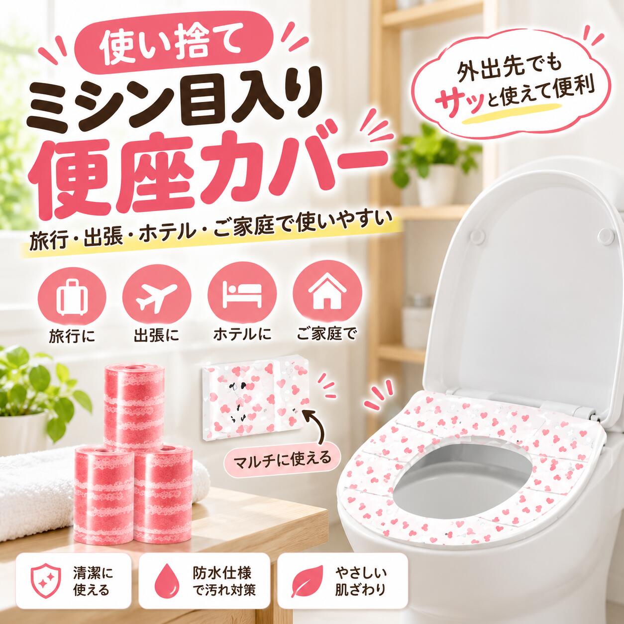 ミシン目入りで必要な分だけ手で切り離せる使い捨て保護フィルム 旅行や出張 ホテルやご家庭で便座や共有スペースの汚れ対策に便利なロールタイプ商品説明文旅行や出張、ホテル、外出先で気になる場所の汚れ対策に便利な、ミシン目入りの使い捨て保護フィルムです。PE素材を使用したロールタイプで、ミシン目に沿って必要な分だけ手で切り離せるため、ハサミなどの道具を使わずに手軽に使用できます。1枚あたり約10×15cmのコンパクトなサイズで、バッグやポーチに入れて持ち運びやすく、外出先での使用にも便利です。トイレの便座まわりや洗面台、テーブル、操作パネルなど、直接触れたくない場所の汚れ対策に活用できます。水や汚れが気になる場所に敷いて使用することで、対象物への直接接触を減らすための補助として役立ちます。ただし、サイズが小さいため、使用する場所の大きさや形状に合わせてご使用ください。ピンクのハートと星をあしらったかわいらしいデザインで、実用性だけでなく見た目にも配慮しています。必要な分だけ切り離して使えるため、使い切りタイプの保護シートを探している方や、旅行用品をコンパクトにまとめたい方にもおすすめです。使い捨てタイプのため、使用後は新しいシートに交換できます。旅行、出張、ホテル滞在、ご家庭でのさまざまな汚れ対策にご活用ください。製品仕様商品名：使い捨て保護フィルム素材：PEサイズ：1枚あたり約10×15cm、ロールの高さ約10cmカラー：透明、ピンク系ハート柄仕様：ミシン目入り、ロールタイプ、使い捨て商品のおすすめポイントPOINT1 ミシン目入りで手軽に切り離せるミシン目に沿って必要な分だけ手で切り離せるロールタイプです。ハサミなどの道具を用意する手間を減らし、使いたいときに取り出して使用できます。POINT2 コンパクトで持ち運びやすい1枚あたり約10×15cmのサイズで、バッグやポーチに収納しやすい仕様です。旅行や出張、外出先での汚れ対策用品として携帯できます。POINT3 PE素材を使用PE素材を使用したフィルムタイプで、水や汚れが気になる場所の保護に活用できます。使用する場所の形状に合わせて敷き、必要に応じて新しいシートに交換してください。POINT4 さまざまな場所の汚れ対策に便座まわりや洗面台、テーブル、操作パネルなど、さまざまな場所で使用できます。1枚あたりのサイズを確認し、保護したい場所に合うかどうかを確かめてからご使用ください。POINT5 使い切りタイプで交換しやすい使用後は新しいシートに交換できる使い捨てタイプです。繰り返し洗浄するタイプの保護シートとは異なり、外出先でも手軽に交換できます。POINT6 かわいらしいハート柄ピンク系のハートと星をあしらったデザインで、日常の持ち物にもなじみやすい見た目です。実用性とデザイン性の両方を重視したい方にもおすすめです。注意事項本品は汚れ対策を目的とした使い捨て保護フィルムです。医療用製品や滅菌済み製品ではなく、感染症の予防や除菌、消毒を保証するものではありません。1枚あたりのサイズは約10×15cmです。一般的な便座全体を覆うサイズではないため、便座カバーとして使用する場合は、寸法と使用箇所を十分にご確認ください。PE素材は水に強い性質がありますが、本品の完全防水性や液体の浸透防止を保証するものではありません。液体が漏れるおそれのある場所や、長時間水分にさらされる場所での使用は避けてください。操作パネル、ボタン、ドアノブなどに使用する場合は、操作や開閉を妨げないことをご確認ください。通気口やセンサー、電気機器の開口部を覆わないでください。機器の故障につながるおそれがあるため、使用場所には十分ご注意ください。便座やテーブルなどに敷いて使用する場合は、シートがずれたり、しわになったりしていないことをご確認ください。滑りやすい場所や身体を支える場所には使用しないでください。本品は使い捨てです。使用後は適切に廃棄し、トイレに流さないでください。小さなお子様やペットの手の届かない場所に保管し、誤飲や窒息にご注意ください。サイズは手作業で測定しているため、若干の誤差が生じる場合があります。また、モニターの設定や撮影環境によって、実際の商品と色合いや柄の見え方が異なる場合があります。ミシン目に沿ってゆっくり切り離してください。強く引っ張ると意図しない部分まで破れる場合があります。使用前に商品の状態をご確認いただき、破損や異常がある場合は使用をお控えください。ミシン目入りで必要な分だけ手で切り離せる使い捨て保護フィルム 旅行や出張 ホテルやご家庭で便座や共有スペースの汚れ対策に便利なロールタイプ商品説明文旅行や出張、ホテル、外出先で気になる場所の汚れ対策に便利な、ミシン目入りの使い捨て保護フィルムです。PE素材を使用したロールタイプで、ミシン目に沿って必要な分だけ手で切り離せるため、ハサミなどの道具を使わずに手軽に使用できます。1枚あたり約10×15cmのコンパクトなサイズで、バッグやポーチに入れて持ち運びやすく、外出先での使用にも便利です。トイレの便座まわりや洗面台、テーブル、操作パネルなど、直接触れたくない場所の汚れ対策に活用できます。水や汚れが気になる場所に敷いて使用することで、対象物への直接接触を減らすための補助として役立ちます。ただし、サイズが小さいため、使用する場所の大きさや形状に合わせてご使用ください。ピンクのハートと星をあしらったかわいらしいデザインで、実用性だけでなく見た目にも配慮しています。必要な分だけ切り離して使えるため、使い切りタイプの保護シートを探している方や、旅行用品をコンパクトにまとめたい方にもおすすめです。使い捨てタイプのため、使用後は新しいシートに交換できます。旅行、出張、ホテル滞在、ご家庭でのさまざまな汚れ対策にご活用ください。製品仕様商品名：使い捨て保護フィルム素材：PEサイズ：1枚あたり約10×15cm、ロールの高さ約10cmカラー：透明、ピンク系ハート柄仕様：ミシン目入り、ロールタイプ、使い捨て商品のおすすめポイントPOINT1 ミシン目入りで手軽に切り離せるミシン目に沿って必要な分だけ手で切り離せるロールタイプです。ハサミなどの道具を用意する手間を減らし、使いたいときに取り出して使用できます。POINT2 コンパクトで持ち運びやすい1枚あたり約10×15cmのサイズで、バッグやポーチに収納しやすい仕様です。旅行や出張、外出先での汚れ対策用品として携帯できます。POINT3 PE素材を使用PE素材を使用したフィルムタイプで、水や汚れが気になる場所の保護に活用できます。使用する場所の形状に合わせて敷き、必要に応じて新しいシートに交換してください。POINT4 さまざまな場所の汚れ対策に便座まわりや洗面台、テーブル、操作パネルなど、さまざまな場所で使用できます。1枚あたりのサイズを確認し、保護したい場所に合うかどうかを確かめてからご使用ください。POINT5 使い切りタイプで交換しやすい使用後は新しいシートに交換できる使い捨てタイプです。繰り返し洗浄するタイプの保護シートとは異なり、外出先でも手軽に交換できます。POINT6 かわいらしいハート柄ピンク系のハートと星をあしらったデザインで、日常の持ち物にもなじみやすい見た目です。実用性とデザイン性の両方を重視したい方にもおすすめです。注意事項本品は汚れ対策を目的とした使い捨て保護フィルムです。医療用製品や滅菌済み製品ではなく、感染症の予防や除菌、消毒を保証するものではありません。1枚あたりのサイズは約10×15cmです。一般的な便座全体を覆うサイズではないため、便座カバーとして使用する場合は、寸法と使用箇所を十分にご確認ください。PE素材は水に強い性質がありますが、本品の完全防水性や液体の浸透防止を保証するものではありません。液体が漏れるおそれのある場所や、長時間水分にさらされる場所での使用は避けてください。操作パネル、ボタン、ドアノブなどに使用する場合は、操作や開閉を妨げないことをご確認ください。通気口やセンサー、電気機器の開口部を覆わないでください。機器の故障につながるおそれがあるため、使用場所には十分ご注意ください。便座やテーブルなどに敷いて使用する場合は、シートがずれたり、しわになったりしていないことをご確認ください。滑りやすい場所や身体を支える場所には使用しないでください。本品は使い捨てです。使用後は適切に廃棄し、トイレに流さないでください。小さなお子様やペットの手の届かない場所に保管し、誤飲や窒息にご注意ください。サイズは手作業で測定しているため、若干の誤差が生じる場合があります。また、モニターの設定や撮影環境によって、実際の商品と色合いや柄の見え方が異なる場合があります。ミシン目に沿ってゆっくり切り離してください。強く引っ張ると意図しない部分まで破れる場合があります。使用前に商品の状態をご確認いただき、破損や異常がある場合は使用をお控えください。