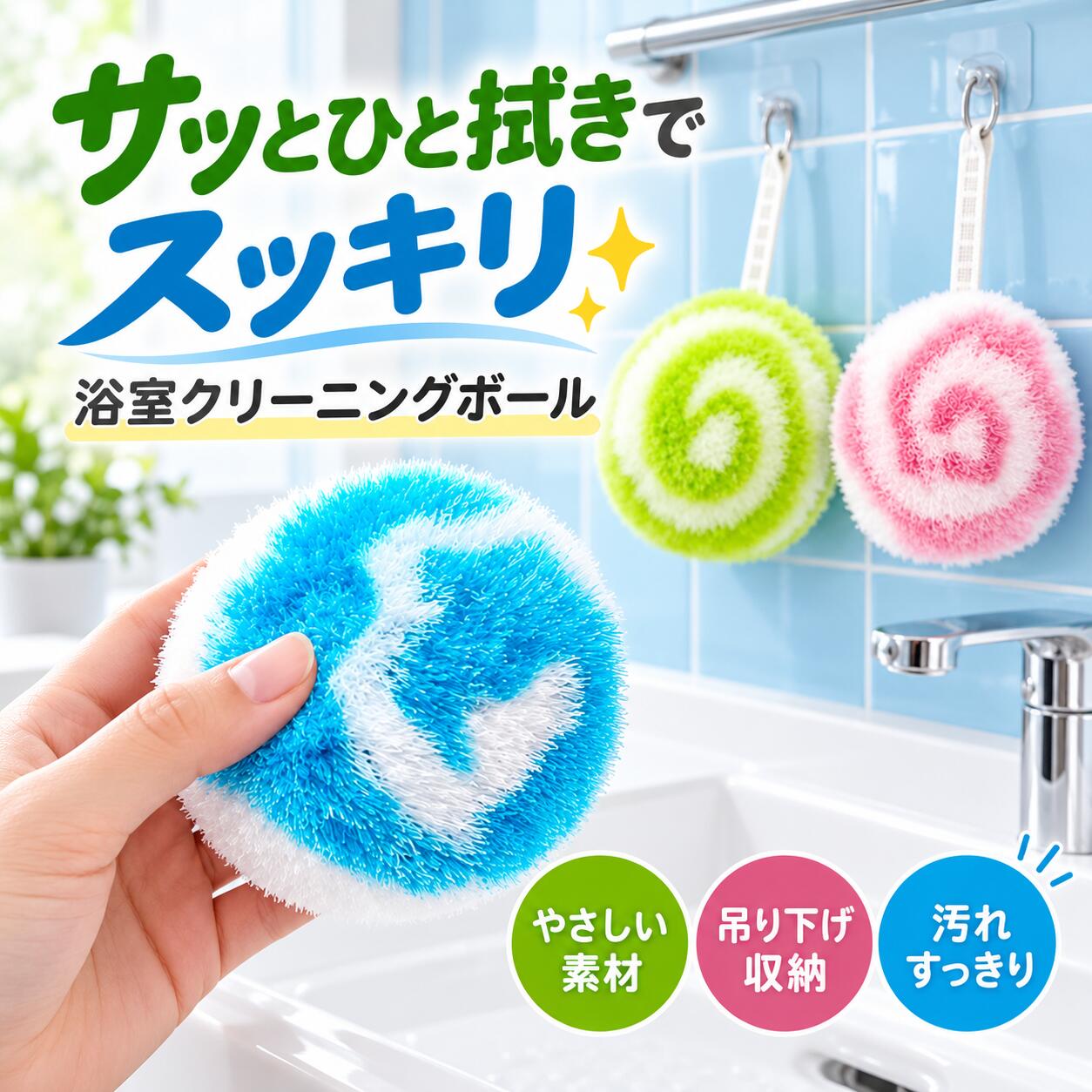 柔らかなPP繊維と丸型デザインで、洗面台や浴槽、蛇口まわりの汚れをすっきりお掃除。細かな部分にも使いやすく、フックで吊り下げ収納できる便利な浴室用クリーニングボールです。商品説明文毎日の水まわり掃除を、もっと手軽に快適に。洗面台の水垢や石けん汚れ、蛇口まわりの細かな汚れ、浴槽の気になる汚れなど、日常のお掃除に便利なバスルーム用クリーニングボールです。柔らかなPP繊維を使用した丸型デザインで、表面に付着した汚れをこすり落とすお手入れをサポートします。ふんわりとした繊維が汚れに触れやすく、洗面ボウルや浴槽、蛇口まわりなど、さまざまな場所に使用できます。丸みのある形状で手に持ちやすく、指で押さえながら気になる部分をお掃除できます。蛇口の周辺や細かな凹凸など、通常のスポンジでは扱いにくい部分にも便利です。本体には吊り下げ用のループが付いており、使用後はフックなどに掛けて収納できます。水切りしやすく、洗面所や浴室でも省スペースに保管できます。カラーはブルー、ピンク、グリーンの3色。用途や好みに合わせて選べる、かわいらしい渦巻き模様の掃除アイテムです。洗面台や浴槽、ガラス面などのお手入れに取り入れやすく、毎日の水まわり掃除をサポートします。製品仕様商品名：バスルーム用クリーニングボール商品カテゴリ：浴室掃除用品掃除ブラシクリーニングボール素材：PP繊維カラー：ブルー、ピンク、グリーン形状：丸型仕様：柔らかな繊維構造、渦巻きデザイン、吊り下げ用ループ付き用途：洗面台、洗面ボウル、蛇口まわり、浴槽、浴室、ガラス面などのお手入れ商品のおすすめポイントPOINT1 柔らかなPP繊維で汚れを落としやすい細かなPP繊維を使用し、洗面台や浴槽に付着した日常の汚れをこすり落とすお掃除をサポートします。柔らかな肌触りで扱いやすく、水まわりのお手入れに便利です。POINT2 ボリュームのある繊維構造ふんわりとした繊維が掃除する面に触れやすく、洗面ボウルや浴槽の表面をお手入れできます。汚れの種類に合わせて水や適切な洗剤と併用してください。POINT3 丸型デザインで細かな部分にも便利丸い形状で手に持ちやすく、指で押さえながら掃除できます。蛇口まわりや洗面台の凹凸など、気になる部分を確認しながらお手入れしやすい設計です。POINT4 手軽に使えるシンプルな構造複雑な操作が不要で、気になる場所を手軽にこすって掃除できます。洗面台や浴槽など、毎日のお手入れに取り入れやすいクリーニングアイテムです。POINT5 ガラス面などのお手入れにも対応浴室のガラス面や水まわりの汚れにも使用できます。素材によって傷が付く場合があるため、使用前に目立たない場所で試し、力を入れすぎずにお手入れしてください。POINT6 吊り下げ収納で省スペース本体に吊り下げ用ループが付いているため、使用後はフックなどに掛けて保管できます。水切りしやすく、浴室や洗面所の収納スペースを有効に活用できます。POINT7 選べる3色のかわいいデザインブルー、ピンク、グリーンの3色を展開。明るい配色と渦巻き模様が特徴で、お掃除用品を色分けして使いたい方にもおすすめです。ご使用上の注意本製品は浴室や洗面台などの清掃用です。人体やペットの体を洗う用途には使用しないでください。用途以外での使用はお控えください。PP繊維を使用していますが、すべての素材に傷が付かないことを保証するものではありません。鏡、ガラス、樹脂、コーティング面などは、必ず目立たない場所で試してから使用してください。強くこすりすぎると、清掃面に細かな傷が付いたり、繊維が傷んだりする場合があります。砂粒などの硬い異物が付着した状態では使用しないでください。水垢や石けん汚れなどの落ち方は、汚れの種類や付着期間によって異なります。頑固な汚れが必ず落ちるものではありません。必要に応じて清掃対象に適した洗剤をご使用ください。使用後は汚れや洗剤成分を十分にすすぎ、水気を切って風通しのよい場所で乾燥させてください。濡れたまま長期間放置すると、においや衛生状態の悪化につながる場合があります。火気や高温になる場所の近くに置かないでください。熱湯や高温乾燥により、繊維の変形や劣化が生じるおそれがあります。製造工程により形状やサイズには多少の個体差が生じる場合があります。また、実際の色味は撮影環境やモニター設定によって商品画像と異なって見える場合があります。柔らかなPP繊維と丸型デザインで、洗面台や浴槽、蛇口まわりの汚れをすっきりお掃除。細かな部分にも使いやすく、フックで吊り下げ収納できる便利な浴室用クリーニングボールです。商品説明文毎日の水まわり掃除を、もっと手軽に快適に。洗面台の水垢や石けん汚れ、蛇口まわりの細かな汚れ、浴槽の気になる汚れなど、日常のお掃除に便利なバスルーム用クリーニングボールです。柔らかなPP繊維を使用した丸型デザインで、表面に付着した汚れをこすり落とすお手入れをサポートします。ふんわりとした繊維が汚れに触れやすく、洗面ボウルや浴槽、蛇口まわりなど、さまざまな場所に使用できます。丸みのある形状で手に持ちやすく、指で押さえながら気になる部分をお掃除できます。蛇口の周辺や細かな凹凸など、通常のスポンジでは扱いにくい部分にも便利です。本体には吊り下げ用のループが付いており、使用後はフックなどに掛けて収納できます。水切りしやすく、洗面所や浴室でも省スペースに保管できます。カラーはブルー、ピンク、グリーンの3色。用途や好みに合わせて選べる、かわいらしい渦巻き模様の掃除アイテムです。洗面台や浴槽、ガラス面などのお手入れに取り入れやすく、毎日の水まわり掃除をサポートします。製品仕様商品名：バスルーム用クリーニングボール商品カテゴリ：浴室掃除用品掃除ブラシクリーニングボール素材：PP繊維カラー：ブルー、ピンク、グリーン形状：丸型仕様：柔らかな繊維構造、渦巻きデザイン、吊り下げ用ループ付き用途：洗面台、洗面ボウル、蛇口まわり、浴槽、浴室、ガラス面などのお手入れ商品のおすすめポイントPOINT1 柔らかなPP繊維で汚れを落としやすい細かなPP繊維を使用し、洗面台や浴槽に付着した日常の汚れをこすり落とすお掃除をサポートします。柔らかな肌触りで扱いやすく、水まわりのお手入れに便利です。POINT2 ボリュームのある繊維構造ふんわりとした繊維が掃除する面に触れやすく、洗面ボウルや浴槽の表面をお手入れできます。汚れの種類に合わせて水や適切な洗剤と併用してください。POINT3 丸型デザインで細かな部分にも便利丸い形状で手に持ちやすく、指で押さえながら掃除できます。蛇口まわりや洗面台の凹凸など、気になる部分を確認しながらお手入れしやすい設計です。POINT4 手軽に使えるシンプルな構造複雑な操作が不要で、気になる場所を手軽にこすって掃除できます。洗面台や浴槽など、毎日のお手入れに取り入れやすいクリーニングアイテムです。POINT5 ガラス面などのお手入れにも対応浴室のガラス面や水まわりの汚れにも使用できます。素材によって傷が付く場合があるため、使用前に目立たない場所で試し、力を入れすぎずにお手入れしてください。POINT6 吊り下げ収納で省スペース本体に吊り下げ用ループが付いているため、使用後はフックなどに掛けて保管できます。水切りしやすく、浴室や洗面所の収納スペースを有効に活用できます。POINT7 選べる3色のかわいいデザインブルー、ピンク、グリーンの3色を展開。明るい配色と渦巻き模様が特徴で、お掃除用品を色分けして使いたい方にもおすすめです。ご使用上の注意本製品は浴室や洗面台などの清掃用です。人体やペットの体を洗う用途には使用しないでください。用途以外での使用はお控えください。PP繊維を使用していますが、すべての素材に傷が付かないことを保証するものではありません。鏡、ガラス、樹脂、コーティング面などは、必ず目立たない場所で試してから使用してください。強くこすりすぎると、清掃面に細かな傷が付いたり、繊維が傷んだりする場合があります。砂粒などの硬い異物が付着した状態では使用しないでください。水垢や石けん汚れなどの落ち方は、汚れの種類や付着期間によって異なります。頑固な汚れが必ず落ちるものではありません。必要に応じて清掃対象に適した洗剤をご使用ください。使用後は汚れや洗剤成分を十分にすすぎ、水気を切って風通しのよい場所で乾燥させてください。濡れたまま長期間放置すると、においや衛生状態の悪化につながる場合があります。火気や高温になる場所の近くに置かないでください。熱湯や高温乾燥により、繊維の変形や劣化が生じるおそれがあります。製造工程により形状やサイズには多少の個体差が生じる場合があります。また、実際の色味は撮影環境やモニター設定によって商品画像と異なって見える場合があります。