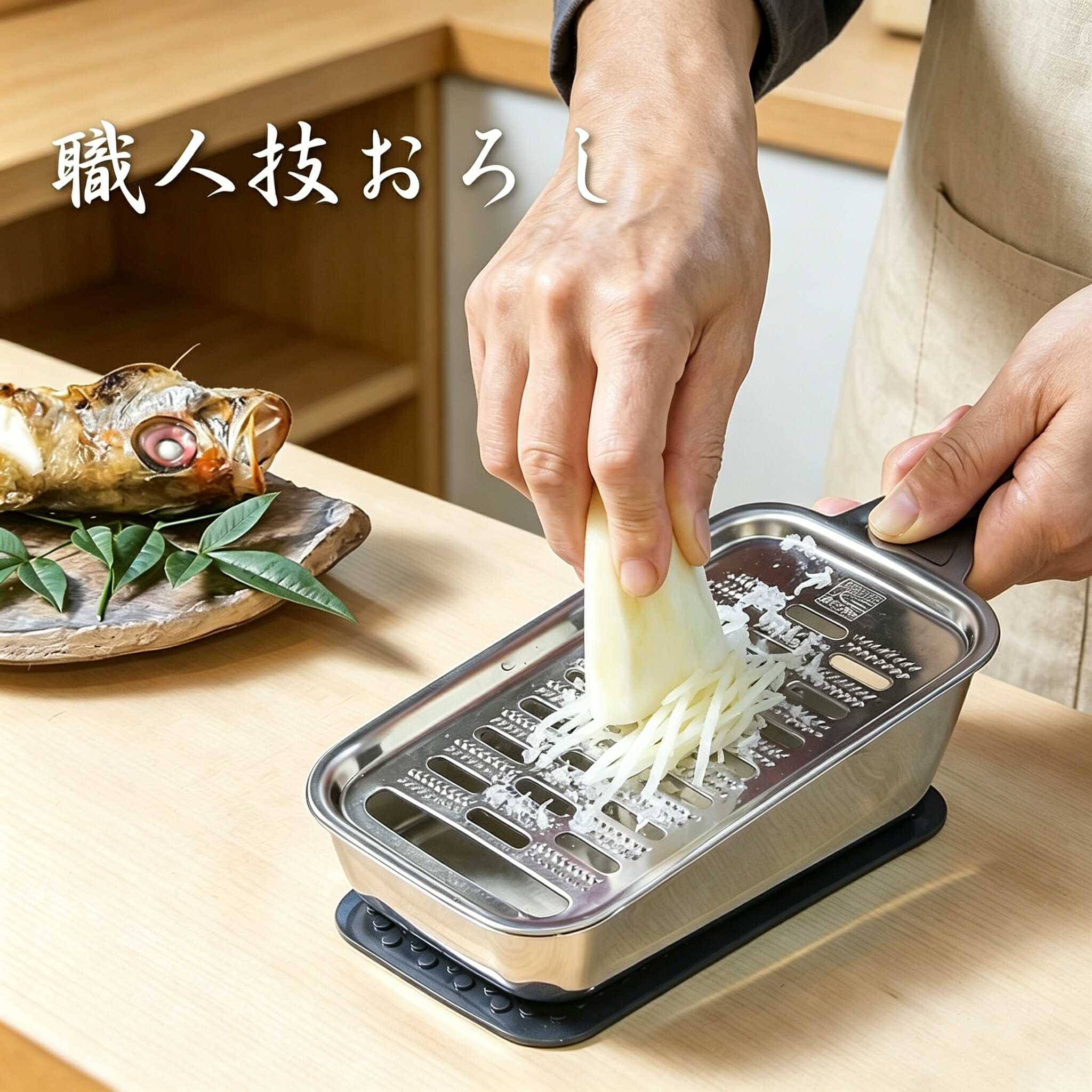 乐天商城 - 職人技 手作りおろし金 理想オロシこだわり すりおろし器 大根おろし 受け皿付き すべり止めマット 目立て加工 調理用卸金 多用途すり器