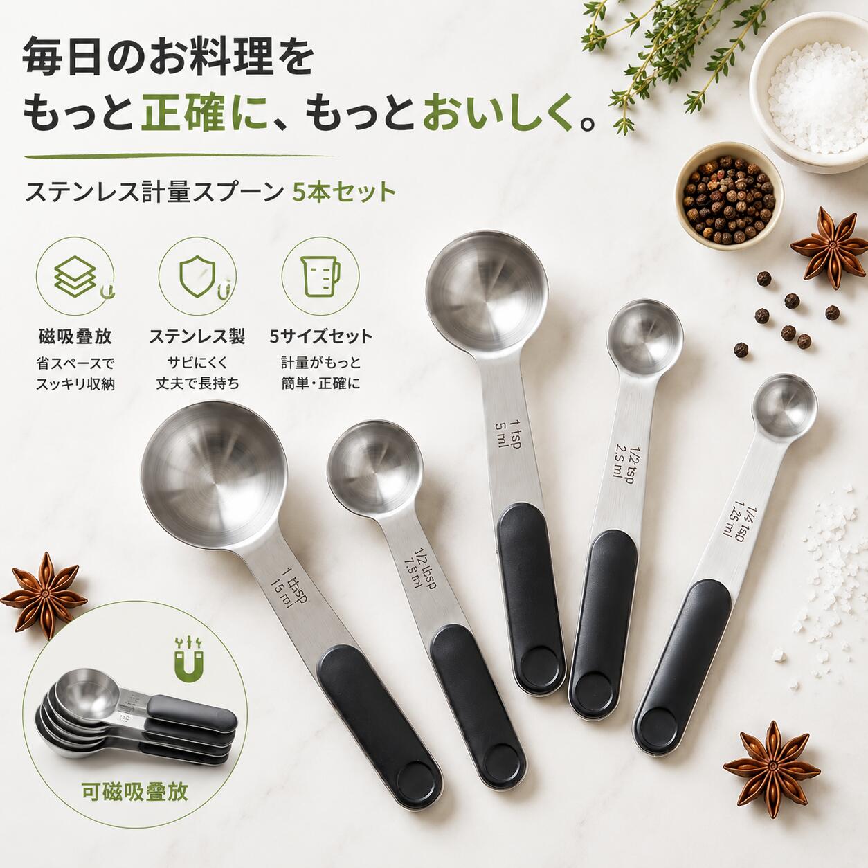 Rakuten - ステンレス製 マグネット付き計量スプーン テーブルスプーン ティースプーン キッチン調理器具 調味料計量 多用途キッチンツール