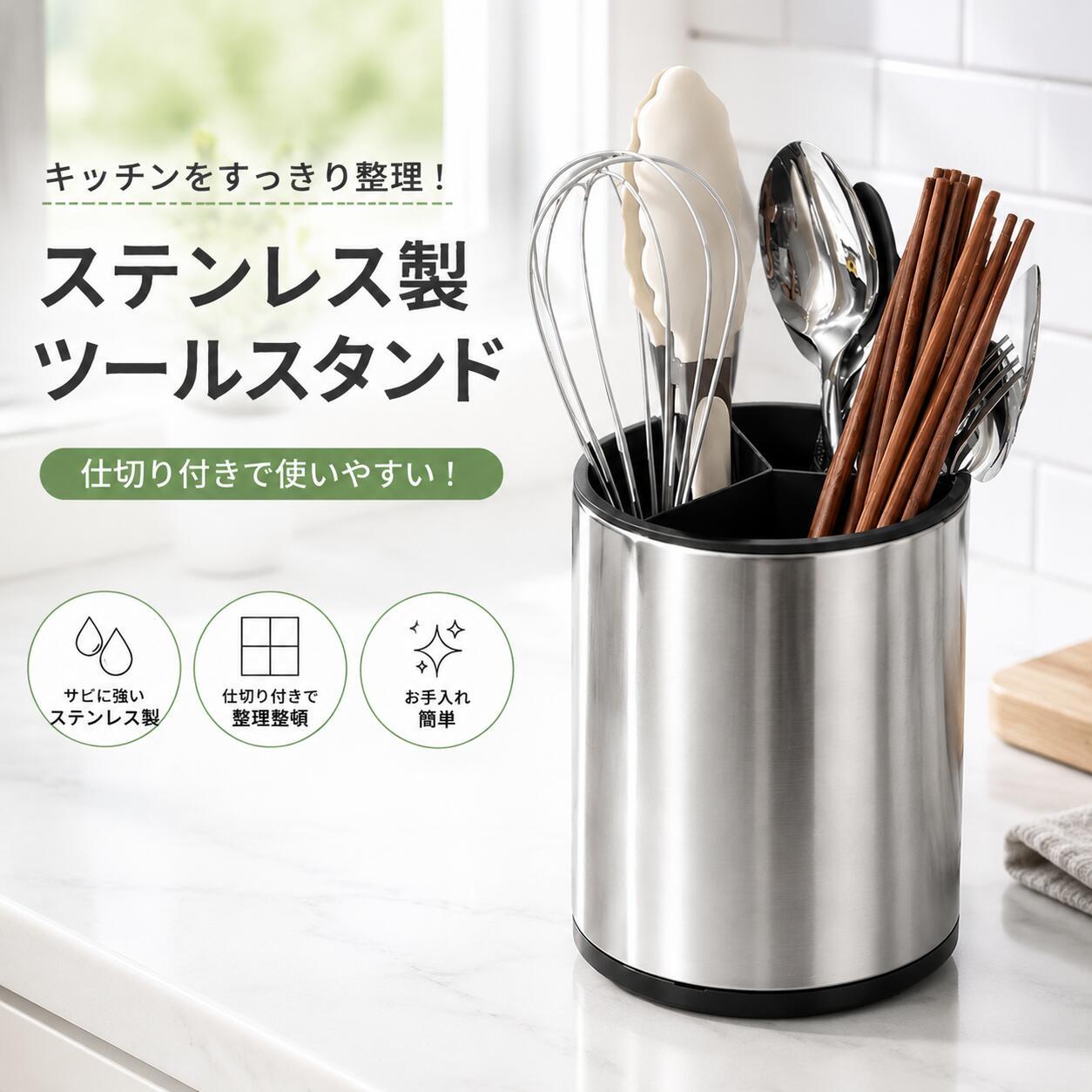 Rakuten - ステンレス製 360 度回転 キッチン収納ラック 仕切り板付き 箸 スプーン フォーク 収納可能 水切り機能付き キッチン小物整理スタンド 省スペース