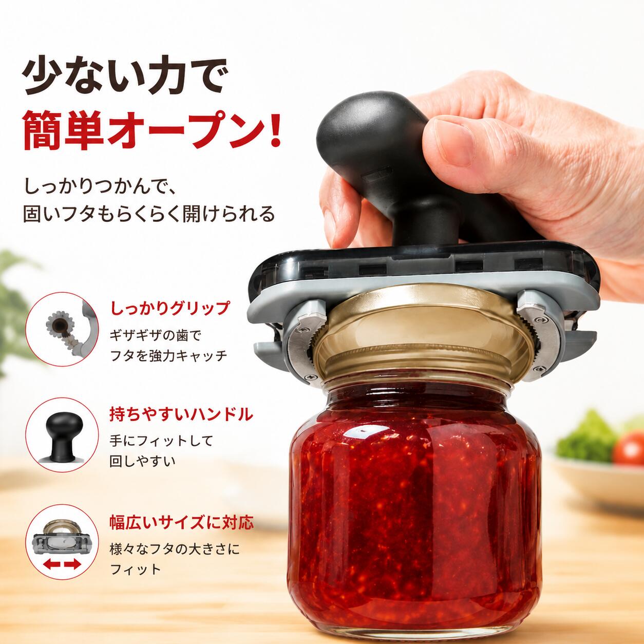 乐天商城 - 多機能瓶蓋オープナー 少ない力で簡単オープン しっかりグリップ 幅広いサイズ対応 固いフタもらくらく開けられる 滑りにくいハンドル キッチン便利グッズ