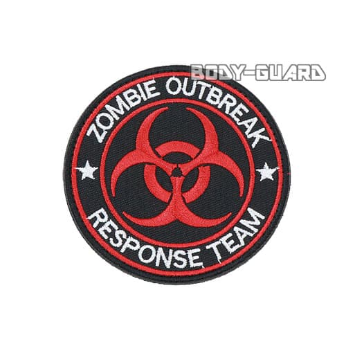 円形ワッペン 「ZOMBIE OUTBREAK」 レッドライン ブラック ホワイト バイオハザードマーク モチーフ マジックテープ式 ベルクロ サバゲー サバイバルゲーム コスプレ ファッションアイテム ミリタリーワッペン アップリケ RESPONSE TEAM 刺繍 