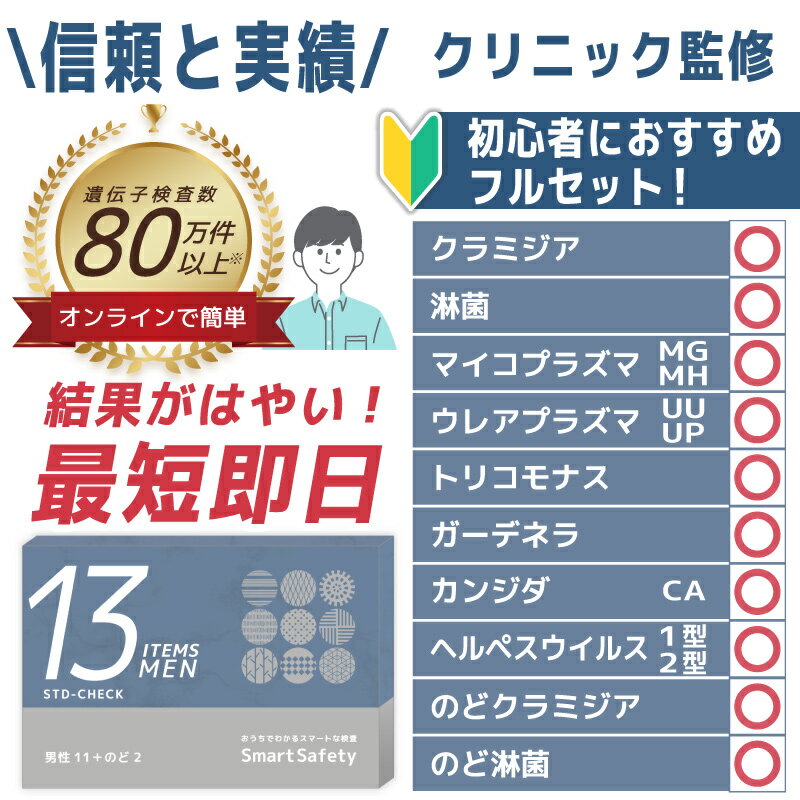 【初心者にもおすすめ】男性 13項目 尿&うがい液検査 性病検査キット 性 性病 性病検査 検査キット 性感染 性感染症 性感染症検査キット 性病キット 尿検査 尿検査キット 男性用 クラミジア 淋病 淋病 ウレアプラズマ ヘルペス STD SmartSafety