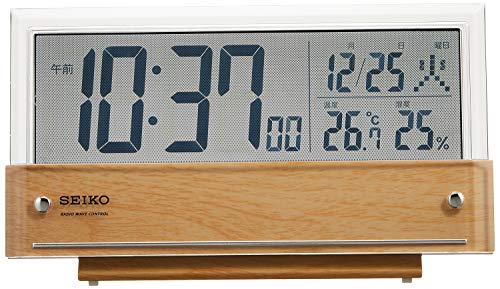 セイコークロック(Seiko Clock) 置き時計 目覚まし時計 電波 デジタル カレンダー 温度湿度表示 シースルー液晶 薄茶木目模 送料無料