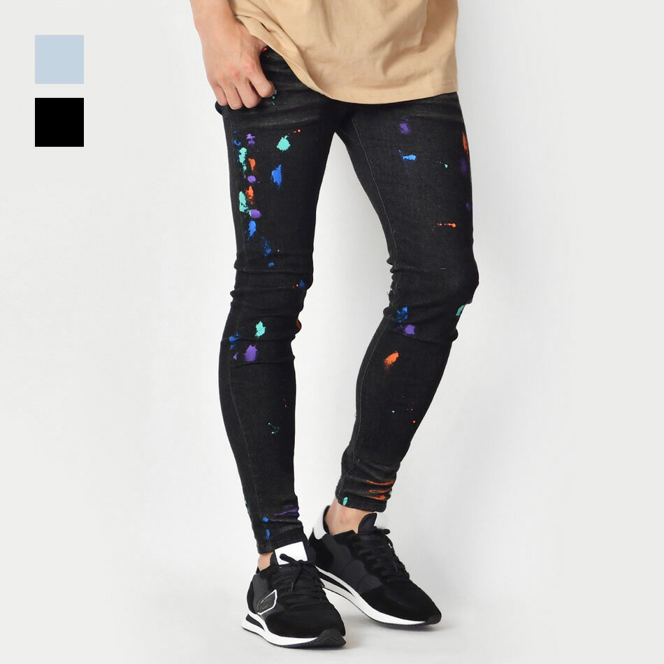 【500円引きクーポンが使える】スキニー デニム ジーンズ スキニーデニム メンズ デニムパンツ アンクルパンツ テーパードパンツ ペイント プリント ストリート BITTER ビター 韓国ファッション 黒 青 紺 ストレッチ サックス ブルー ブラック M L XL