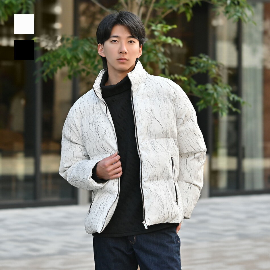 ダウンジャケット メンズ 中綿 エコダウン sorona 高機能中綿 暖かい 総柄 モード系 韓国ファッション 白 黒 ホワイト ブラック M L XL LL 2L