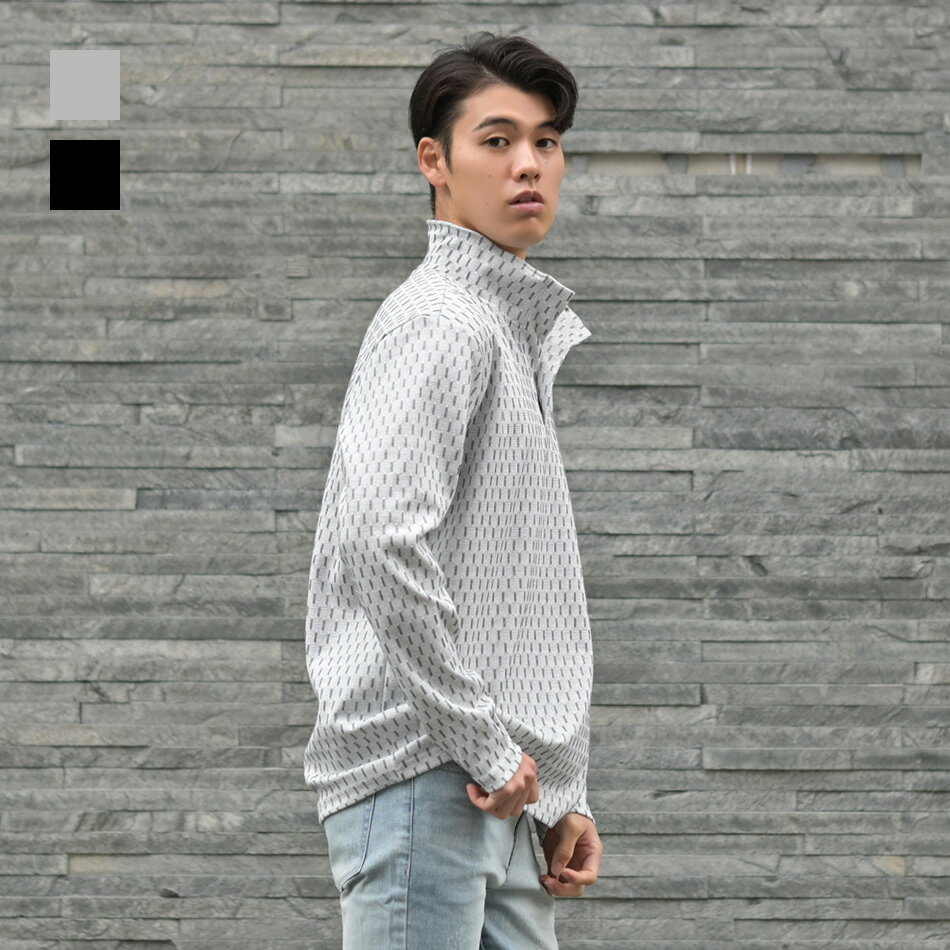 イタリアンカラーニットシャツ カットソー 長袖 メンズ スキッパー 総柄 晴秋冬 ジャガード 黒 グレー ブラック M L XL LL 2L