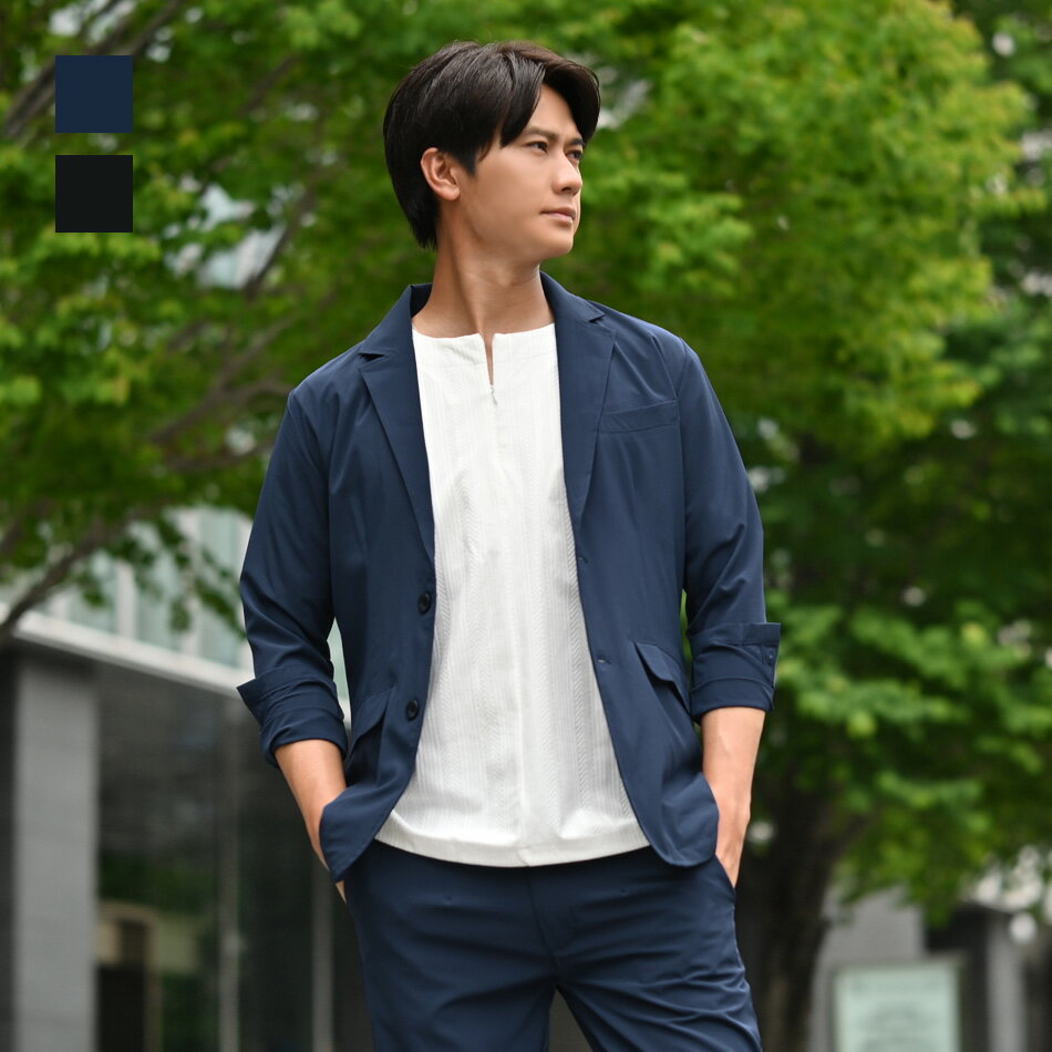 サマージャケット メンズ 接触冷感 ジャケット メンズ テーラードジャケット カジュアルジャケット ストレッチ 薄手 セットアップ(別売) エアーベント 紺 黒 ネイビー ブラック M L XL LL 2L