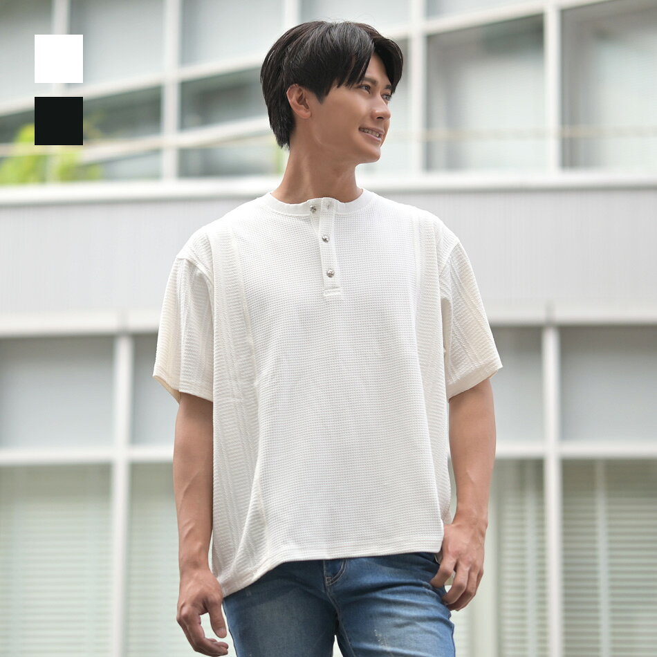 Tシャツ メンズ 半袖 ヘンリーネック ワッフル サーマル 春夏秋 白 黒 ホワイト ブラック M L XL LL 2L