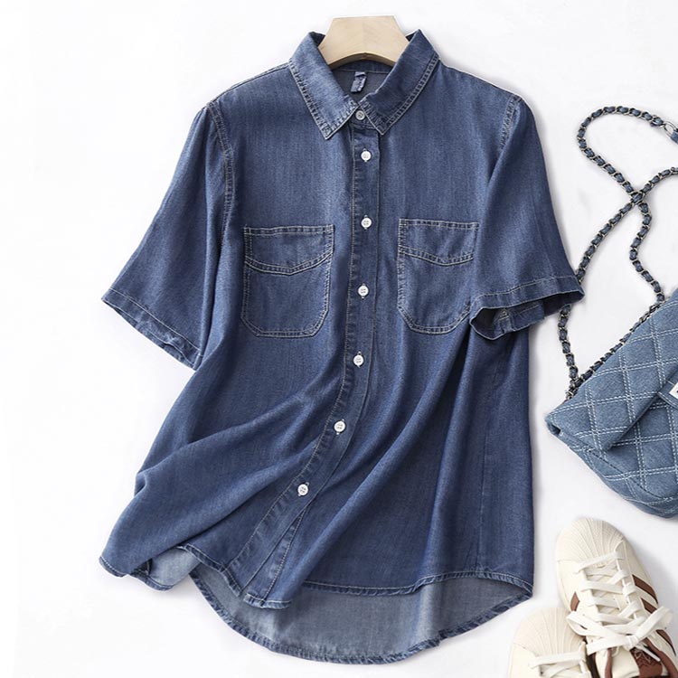 Sショップのビッ オーバーサイズ 冷房対策 羽織り デニムシャツ 半袖 ブラウス 半袖シャツ デニムシャツ シャツ トップス 夏 春 レディース｜アングル2
