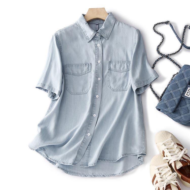 Sショップのビッ オーバーサイズ 冷房対策 羽織り デニムシャツ 半袖 ブラウス 半袖シャツ デニムシャツ シャツ トップス 夏 春 レディース｜アングル3